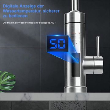 Vicbuy Küchenarmatur Elektrischer Wasserhahn 30-60° Temperaturanzeige (Edelstahl 304, 360° drehbar) LED Anzeige, 3-Sekunden-Aufheizung, 3000W, (ohne Anschlussschlauch)