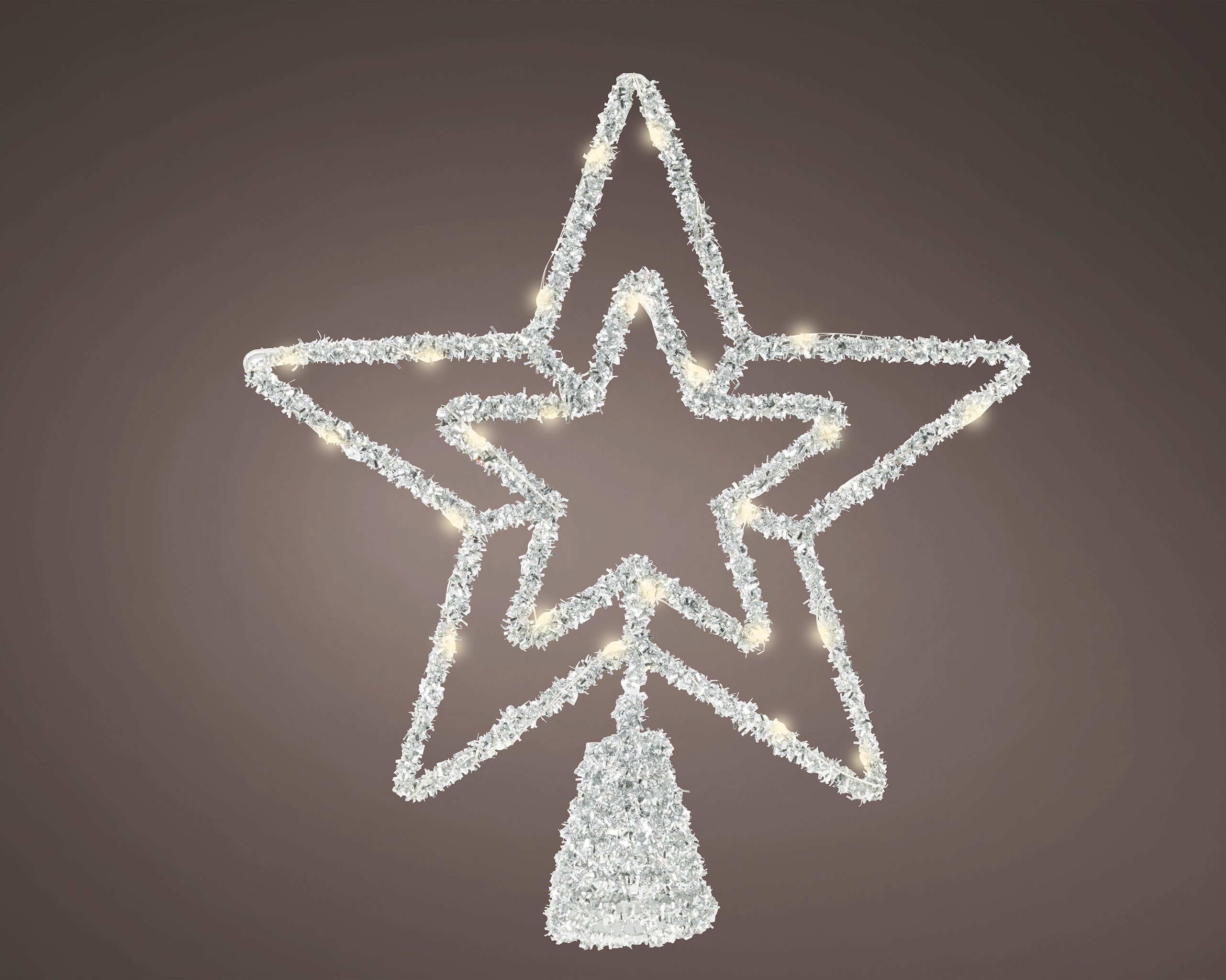 Lumineo Christbaumspitze, LED Christbaumspitze Stern mit Timer 28cm Metall Silber / Warmweiß