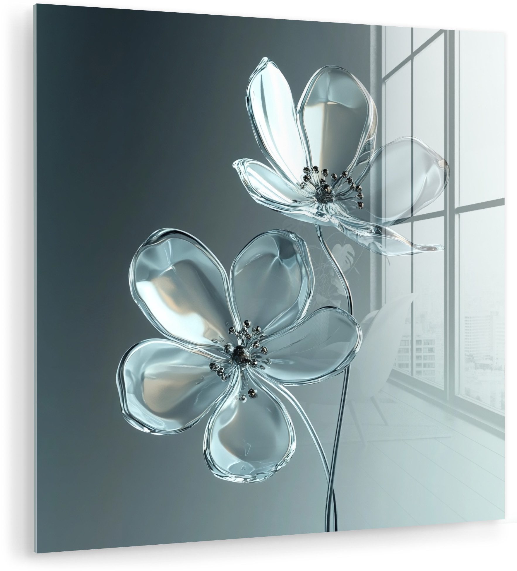 MuchoWow Acrylglasbild Kristall - Blumen - Grau, Inkl. Aufhängung, Bilder auf Glas Wandbild, Wanddeko Wohnzimmer Badezimmer, 20x20 cm