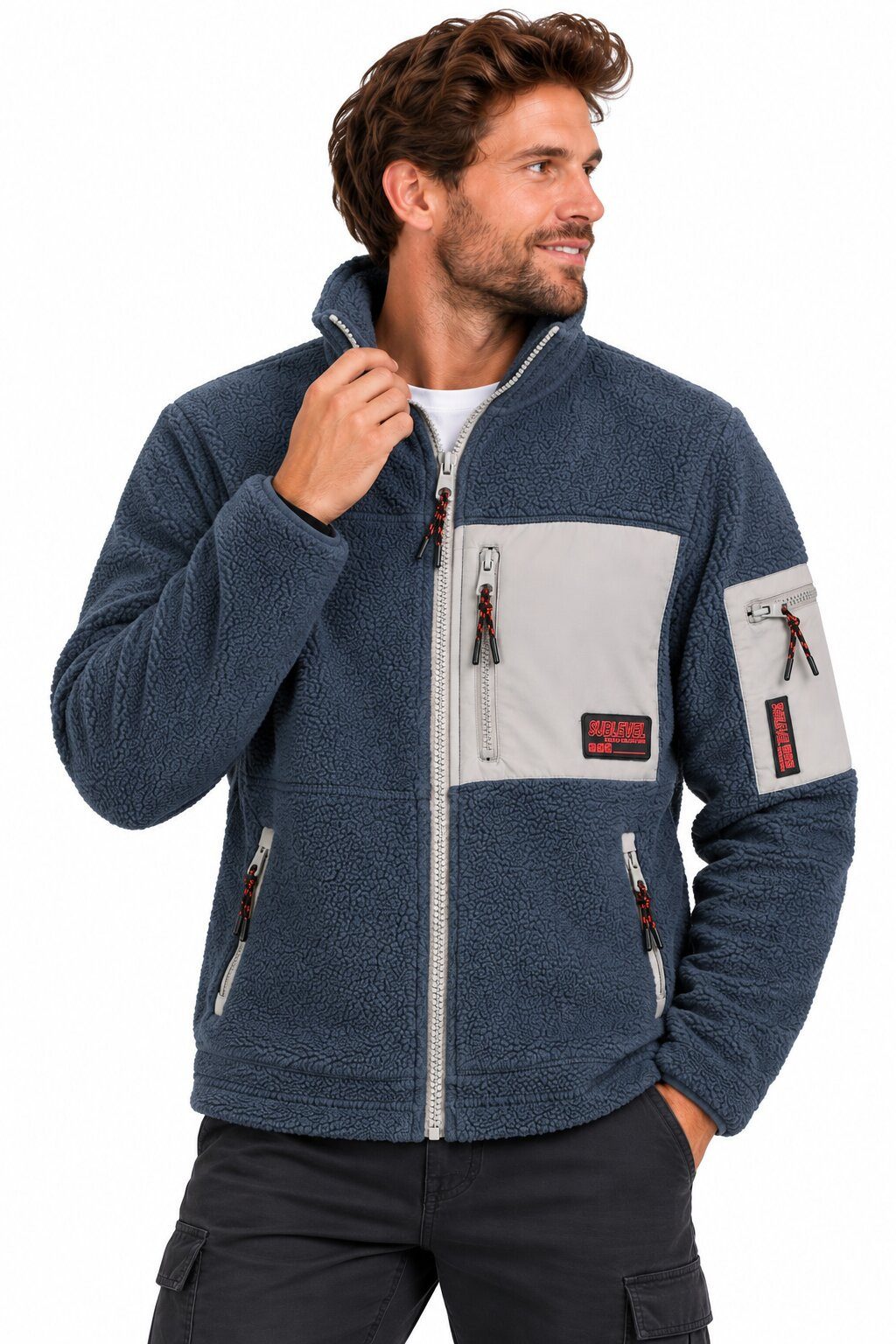 SUBLEVEL Fleecejacke Herren mit Teddyfleece Fleece Jacke Outdoor Freizeit Stehkragen, Kapuze, flauschig, kuschelig, warm, Outdoor, Mantel