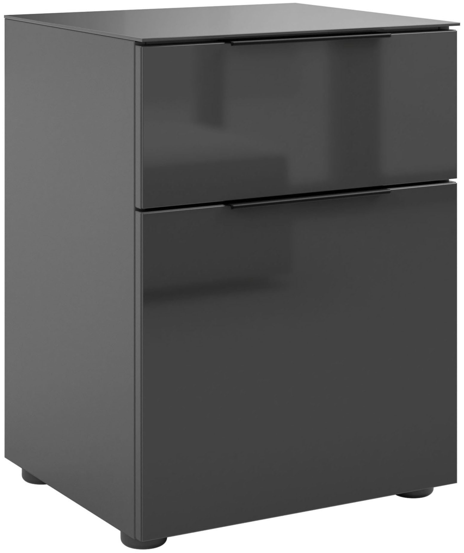 Manjana Möbel Nachtkommode mit Chrom oder Schwarz matten Metallgriffen, mit Glasfronten, melaminbeschichtete Oberfläche, mit Vollauszug