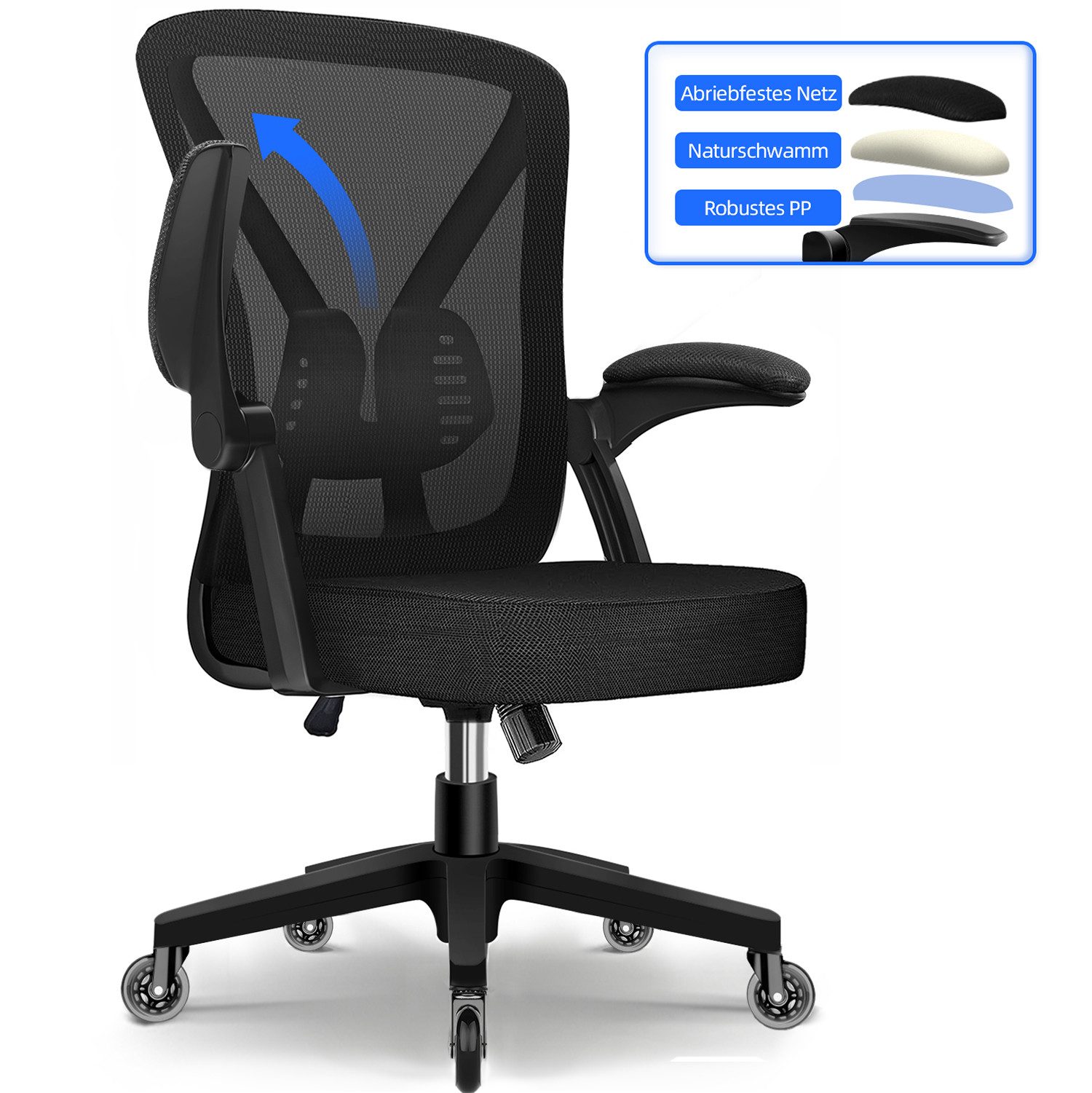 Homimaster Bürostuhl Ergonomischer Bürostuhl (Chefsessel mit verstellbare Armlehne und Lendenwirbelstütze), Hautfreundliche Netz-Hochlehne, Schreibtischstuhl bis 150kg Belastbar