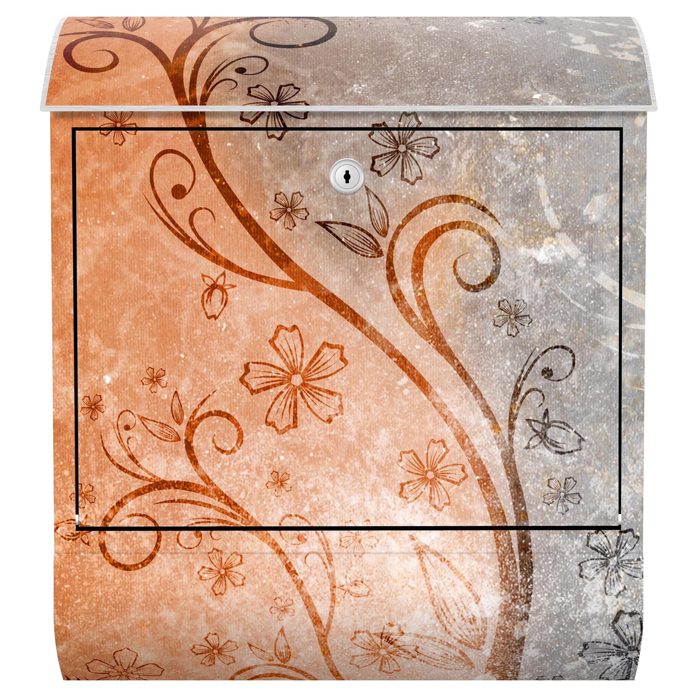 Bilderdepot24 Briefkasten Wandbriefkasten mit Zeitungsfach Motiv Florales Ornament Orange (inkl. Zeitungsrolle und 3 Schlüssel), Motivdruck, wetterfest, UV-beständig, abschließbar, 46x39x13 cm