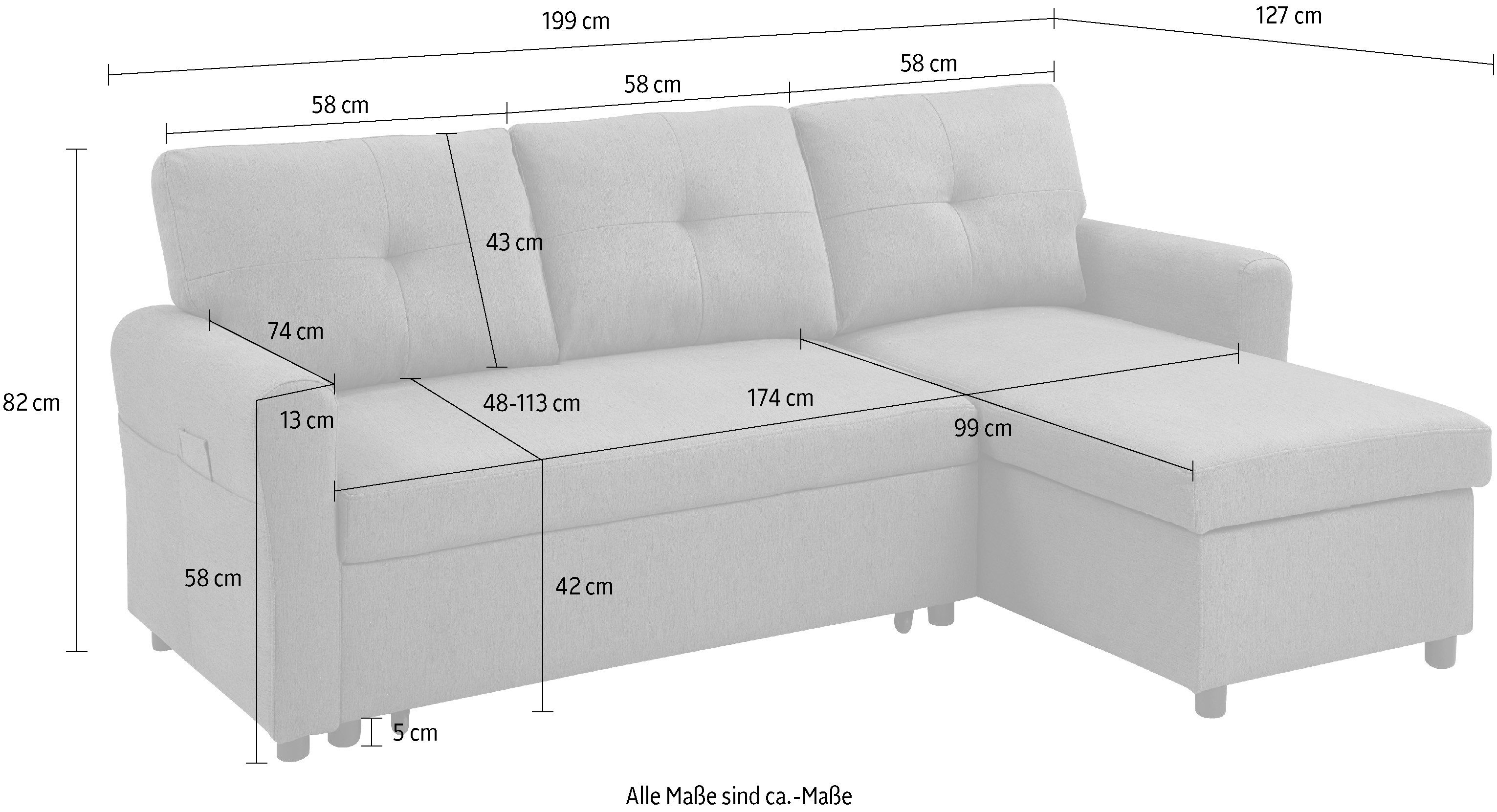 ATLANTIC home collection Schlafsofa Gustavo L-Form, B: 199 cm, mit Bettfunktion, Bettkasten & seitlichen Taschen