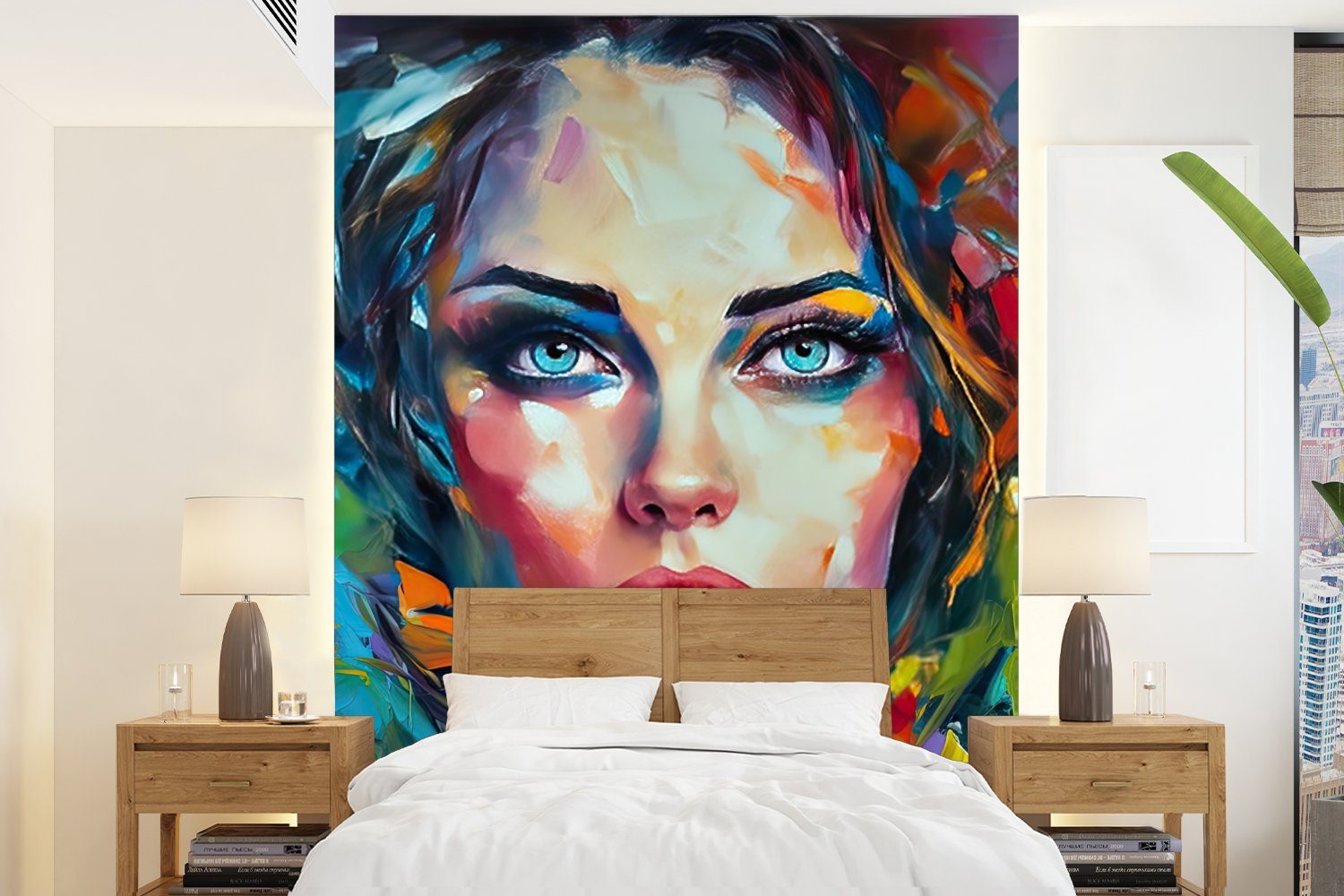MuchoWow Fototapete Gesicht - Frau - Ölfarbe - Farbenfroh - Kunst, Matt, bedruckt, (4 St), Montagefertig Vinyl Tapete für Wohnzimmer, Wandtapete
