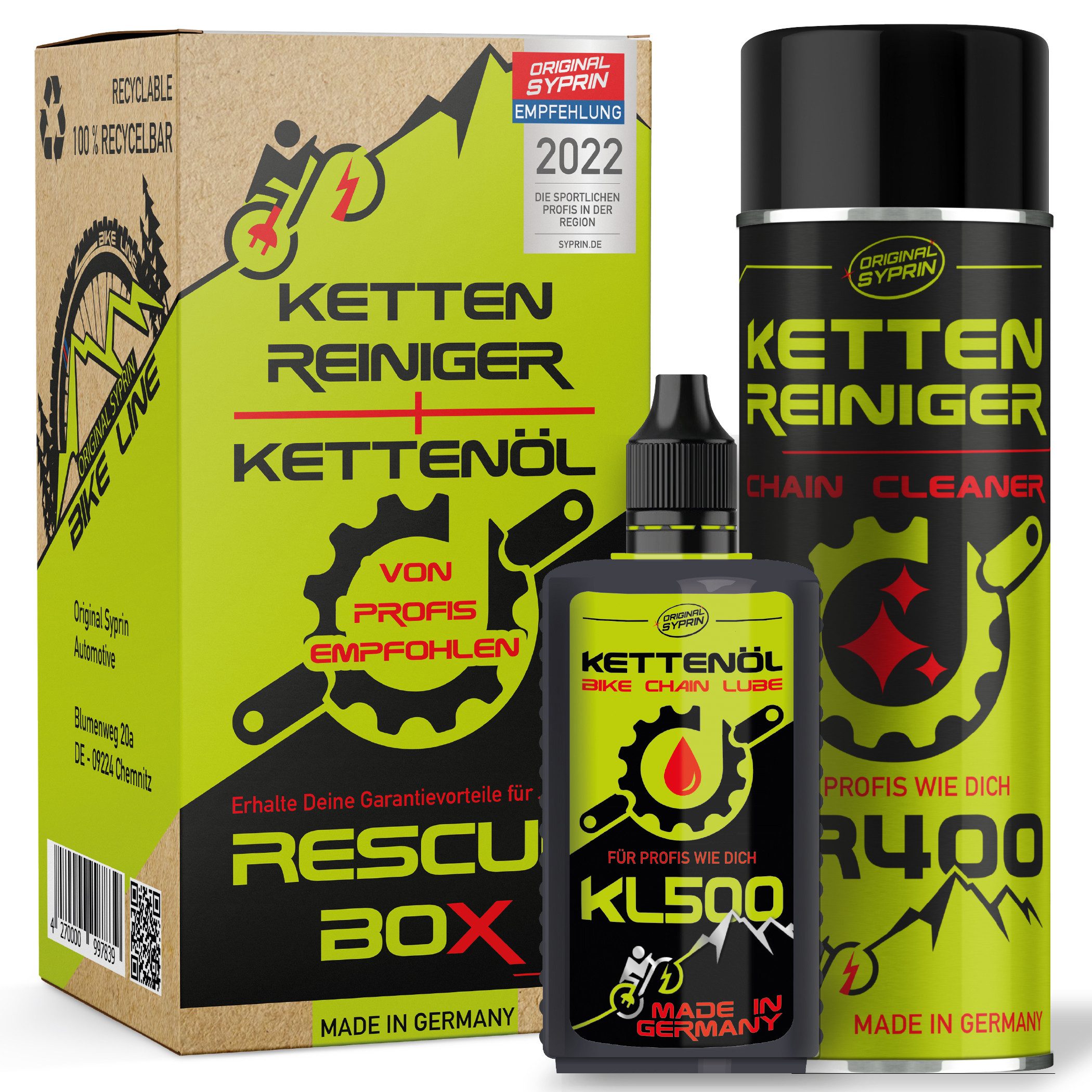 Original Syprin Fahrradöl Fahrrad Kettenöl + Kettenreiniger set, 625 ml, (Bike Rescue box set, 1-St., Kettenöl + Kettenreiniger), 1x Kettenöl (125 ml), 1x Kettenreiniger (500ml)