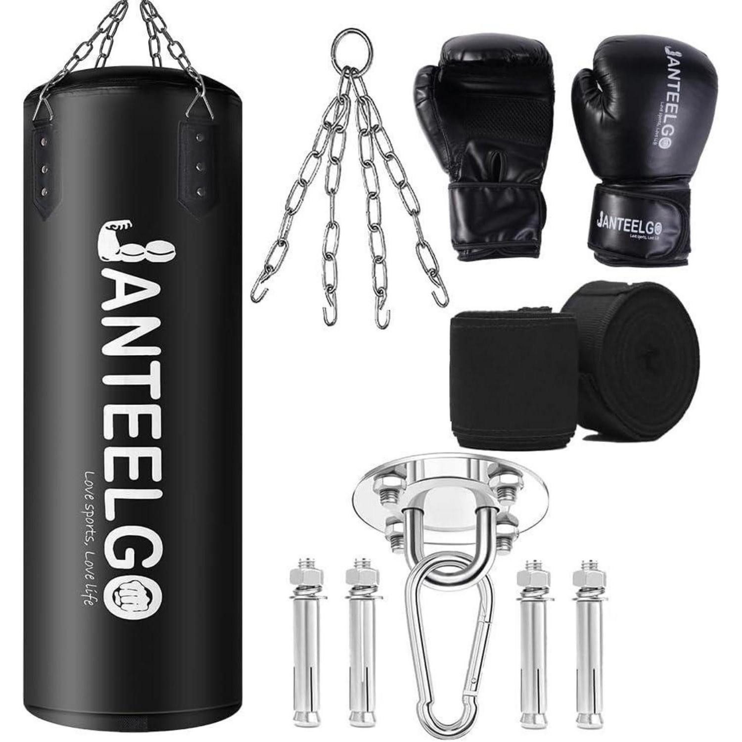 Punch-Handschuhe Boxsack 100cm PU-Leder Ungefüllt mit Montagekette und Deckenhaken für