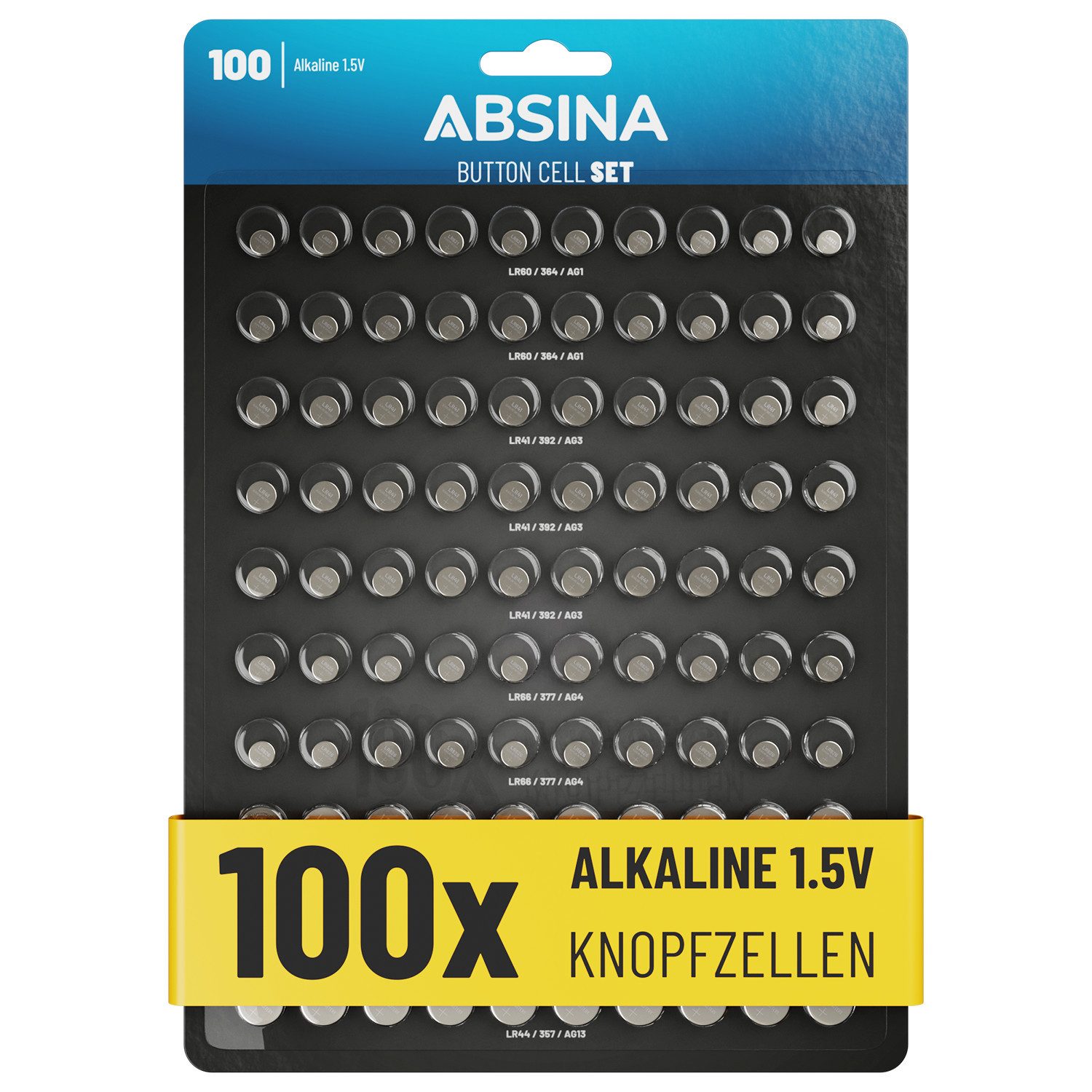 ABSINA 100er Pack Alkaline Knopfzellen Batterien - AG1 AG3 AG4 AG10 AG13 Knopfzelle, (1 St)