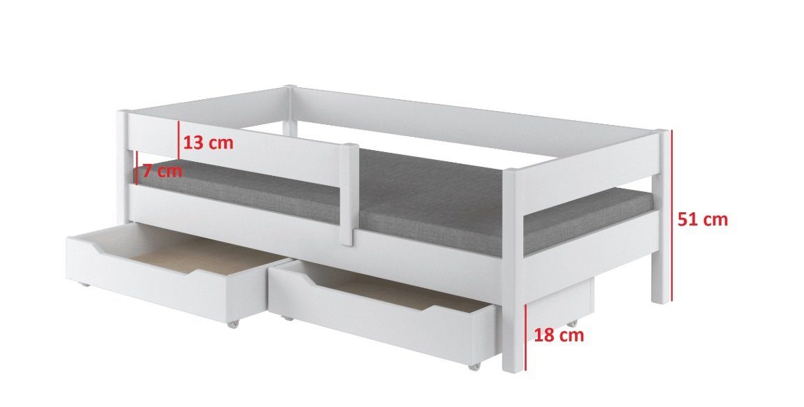 Siblo Einzelbett Miki (Lattenrost, Holz-Platte Weiß Massivholz & Sicherheitsbarriere), Schubladen
