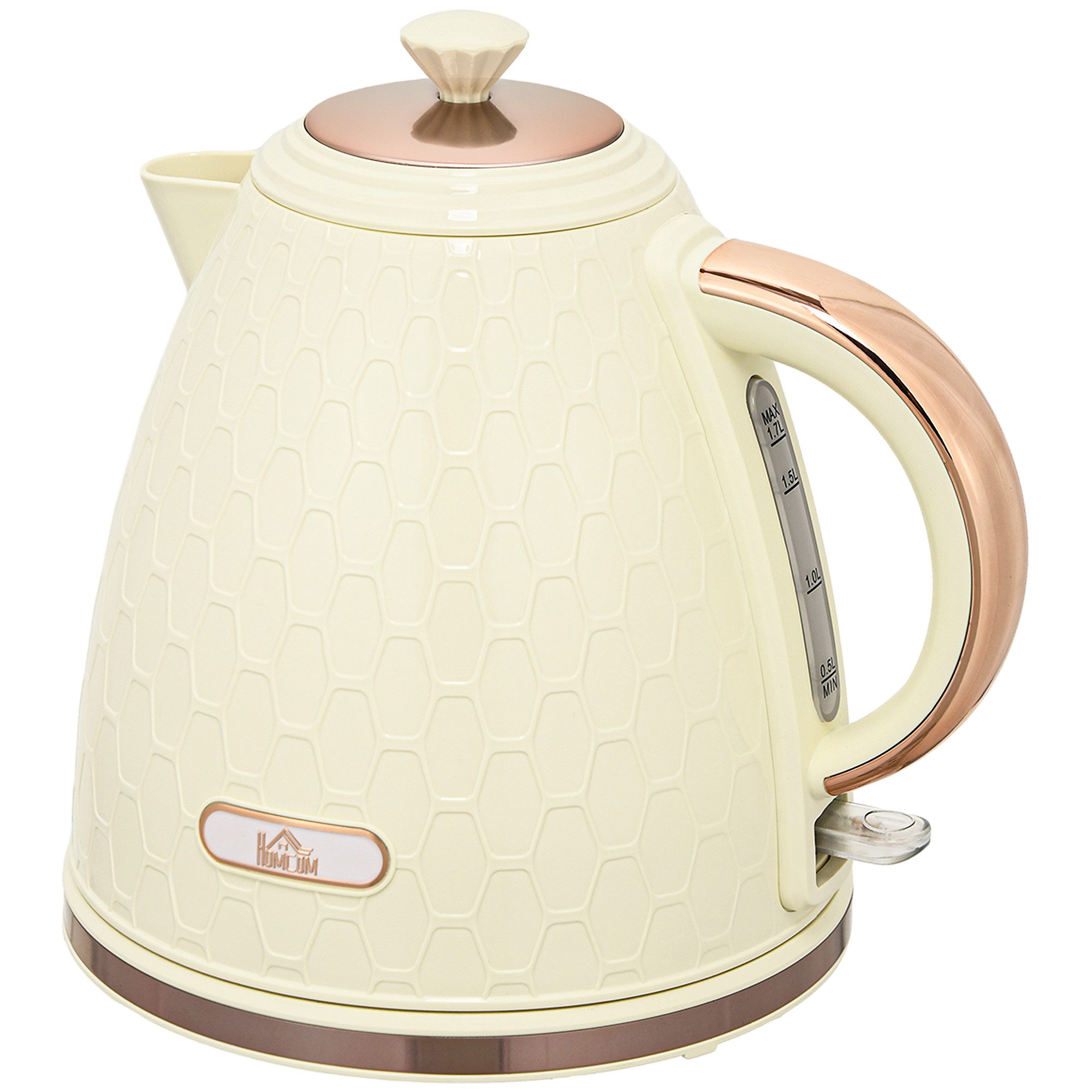 HOMCOM Wasserkocher Schnellkochfunktion, kabellos, Anti-Kalk-Filter, Auto-Abschaltung, 1.7 l, 2200 W, Trockengehschutz, Beige
