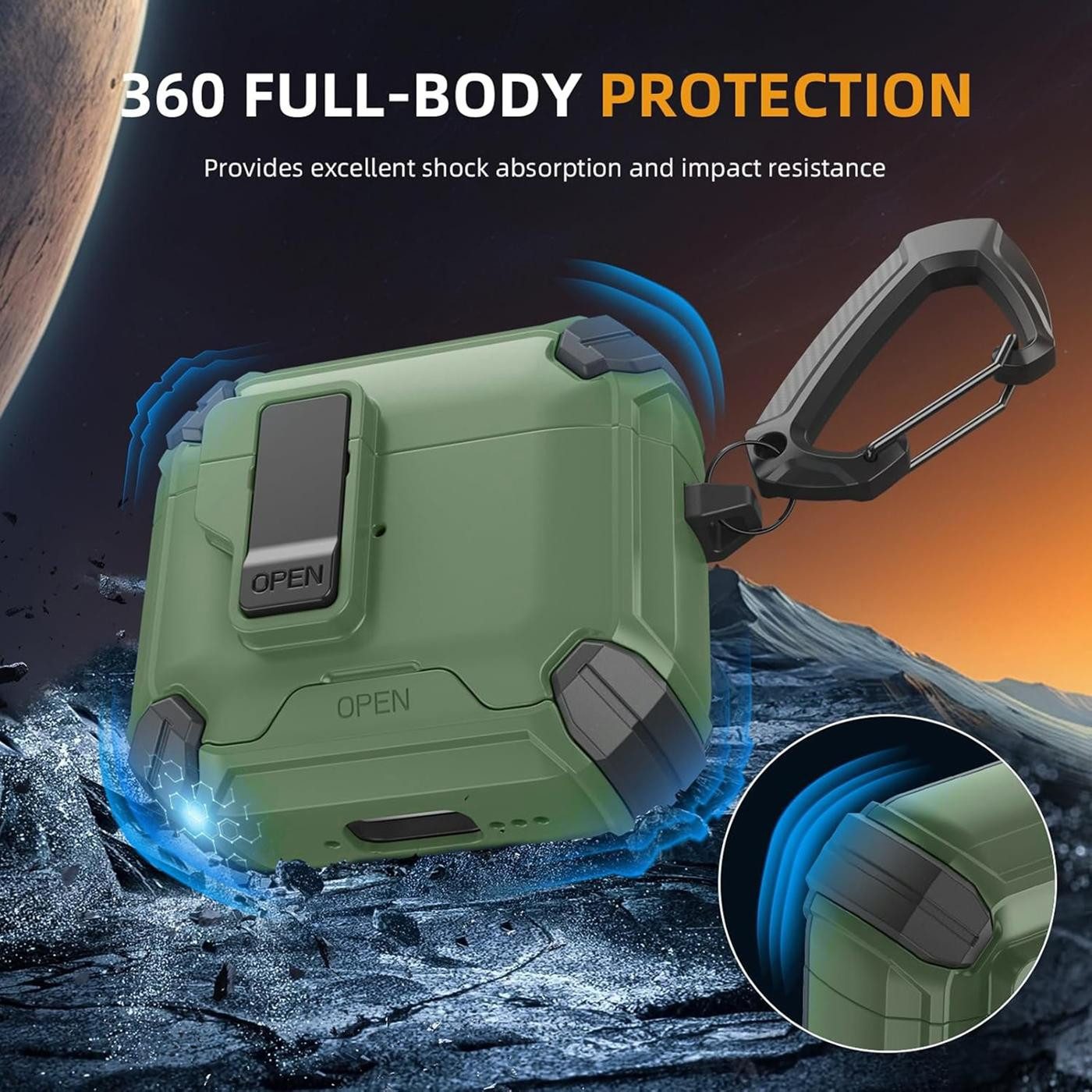 CoolGadget Kopfhörer-Schutzhülle Defender Hülle für Apple AirPods Pro 3 magnetisch mit Karabiner, 360° Full-Body Case Schutzhülle Handy Standfunktion magnetisch – Bild 5 von 5