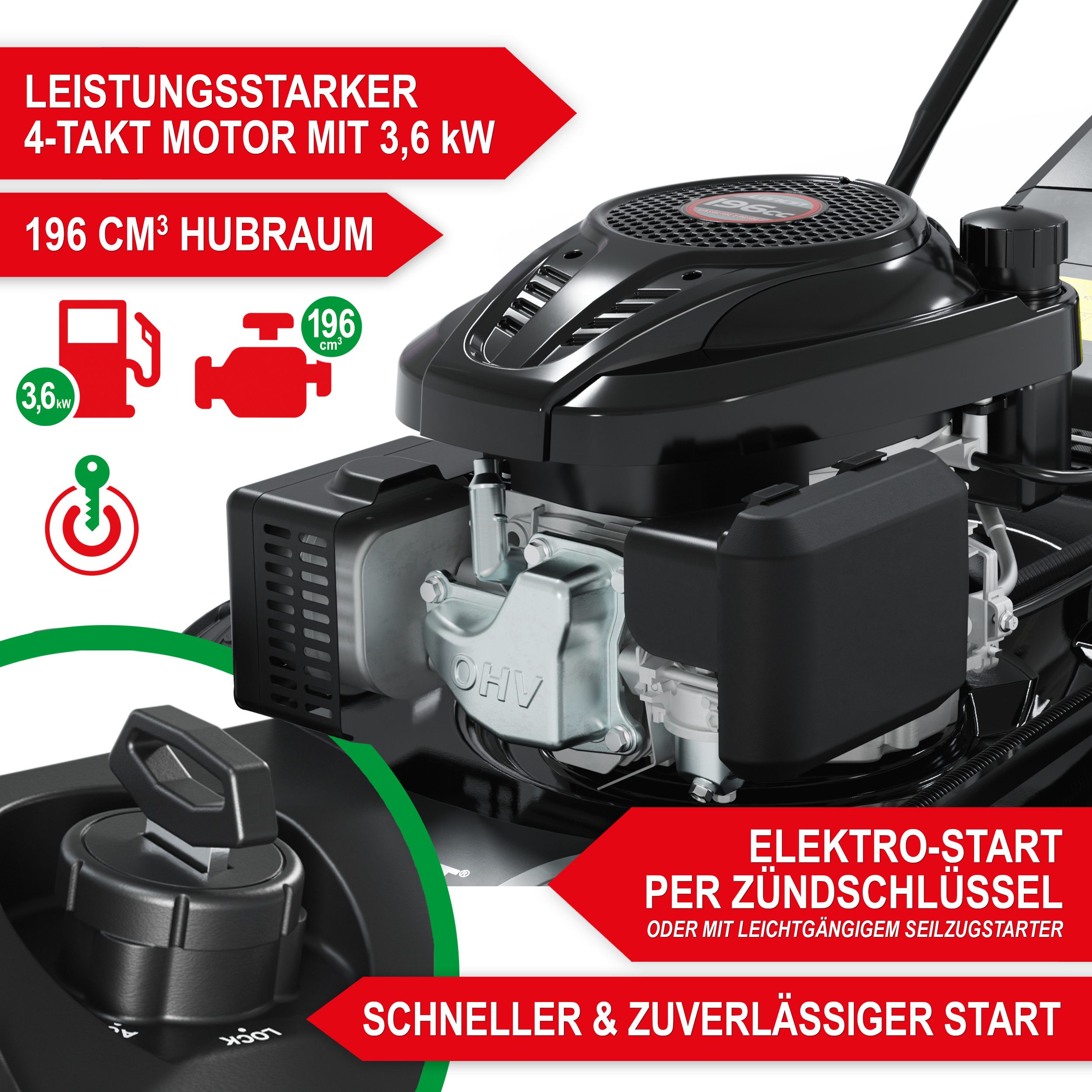 Onbest Benzinrasenmäher 5in1 mit Radantrieb Elektrostart Tornado X-Cut, 53.00 cm Schnittbreite, 6,5PS, Doppelmesser mit Sograd