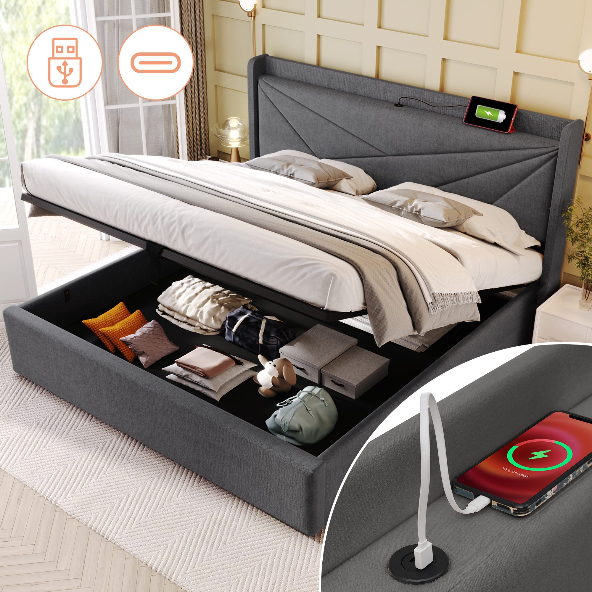 STILVORA Polsterbett 180x200 Stauraumbett Jugendbett mit günstig online kaufen
