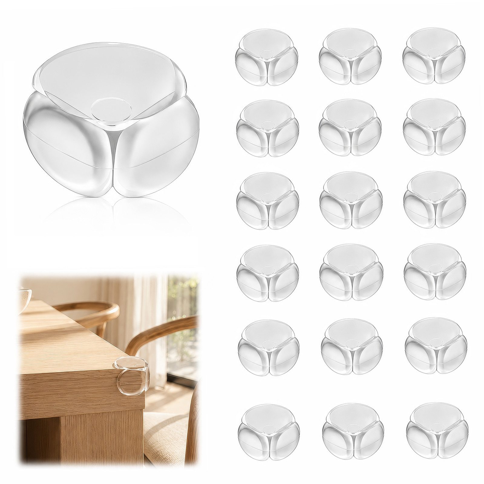 BlingBin Kindersicherung 20 Stück transparenter Eckenschutz selbstklebend,L‑, T‑ und rundförmig, weicher Tischkantenschutz, babyfreundliche Kindersicherung für Möbel