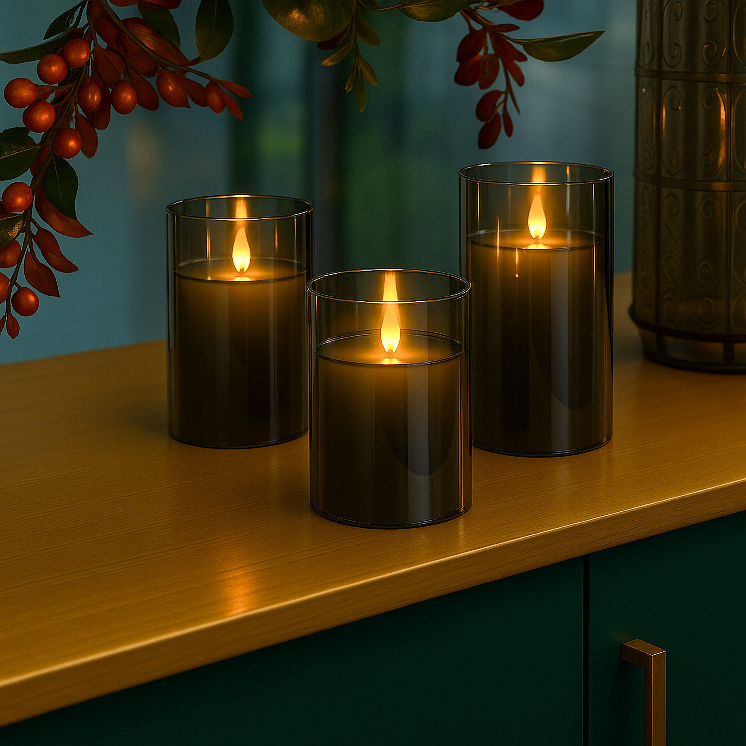 relaxdays LED-Kerze im Glas 3er Set, grau günstig online kaufen