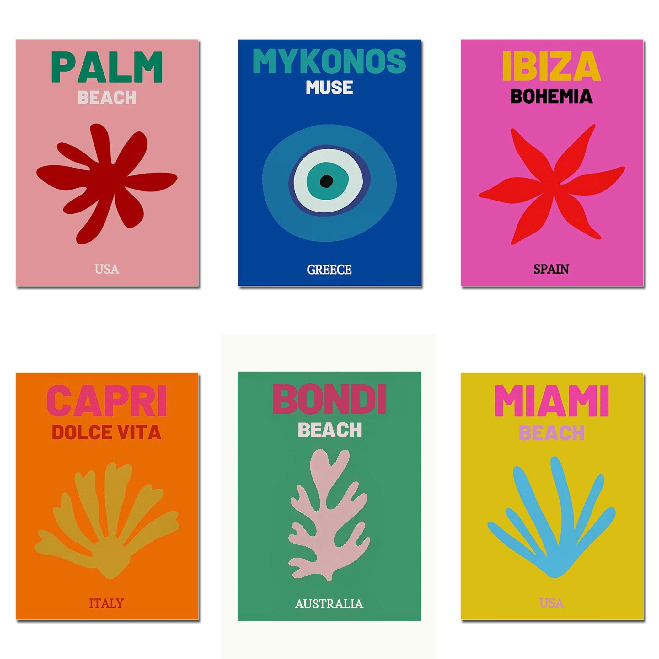 JUSTGOODMOOD Poster Städte Reise als Wandkunst mit bunten Farben von Mykonos biza Miami Ca, Ibiza (1 St)