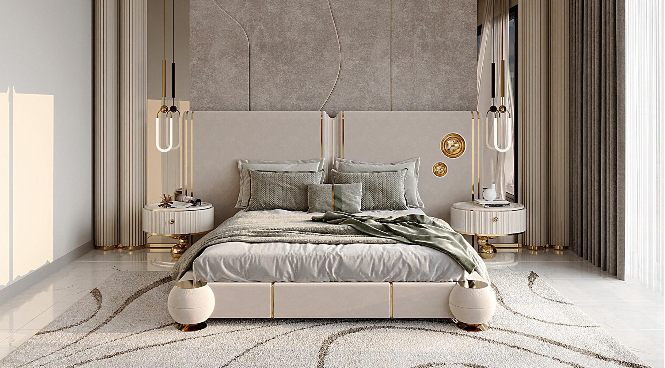 Schlafzimmer-Set Beige Bett mit goldenen Akzenten und Nachttischen Schlafzimmer