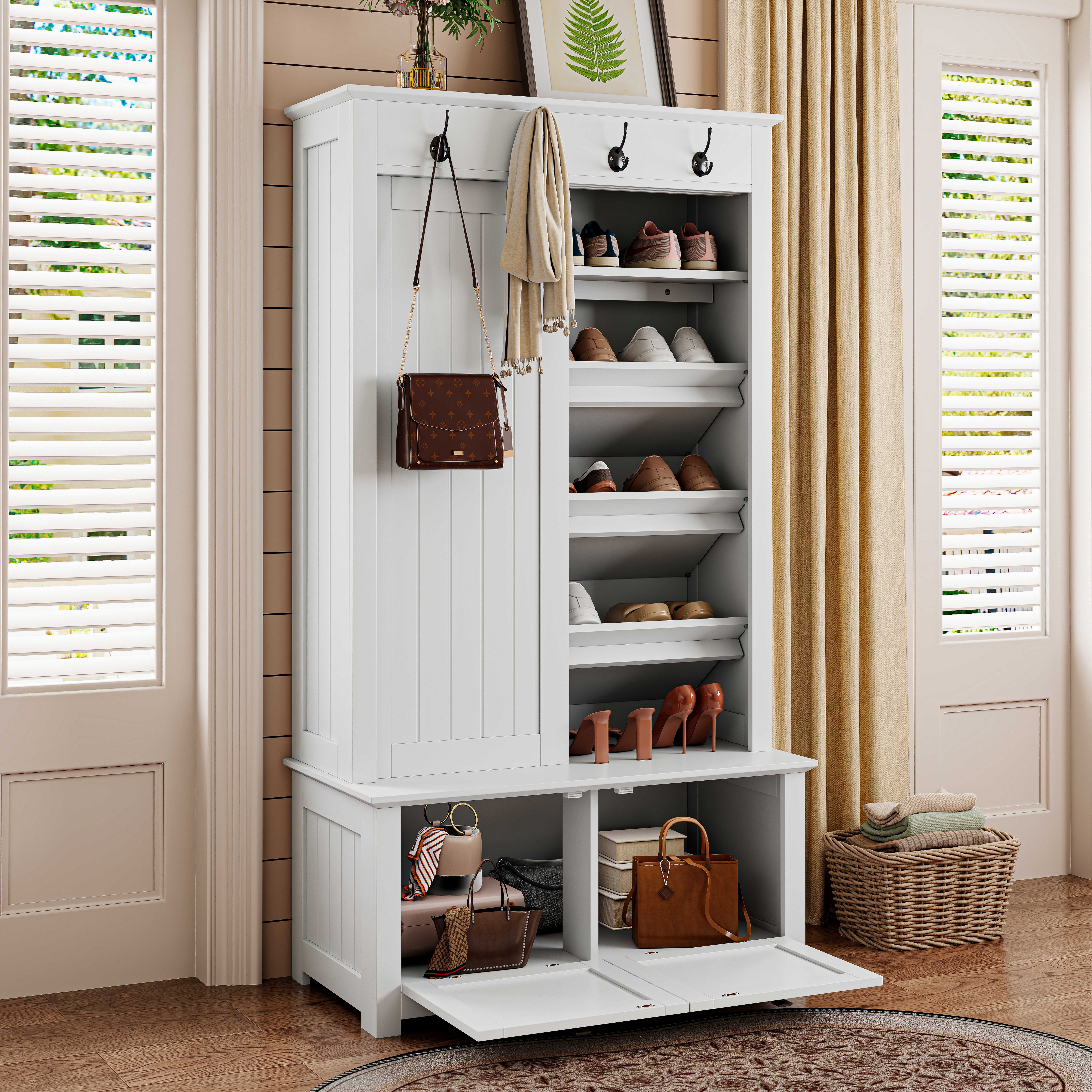 BlingBin Garderobenschrank Kombination aus Schuhschrank und Garderobenschrank (1-St., mit 4 Haken und Türen) 100 L x 50 B x 180 H cm, Weiß