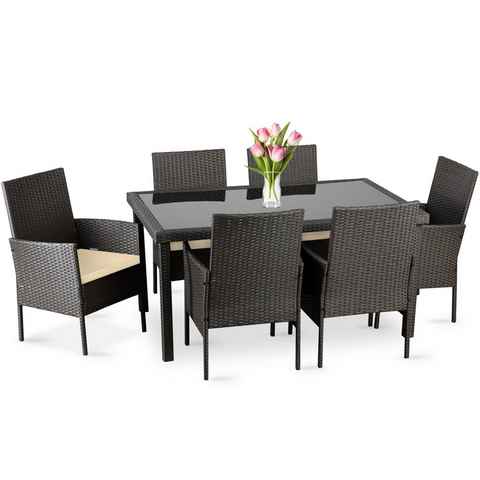 Konsimo Garten-Essgruppe SCILLOS Gartenmöbel-Set, (6x Sessel, 1x Tisch, Maße: 160x74x90 cm, 7-tlg), mit Auflage, Set, Polyrattan, Tischplatte aus Sicherheitsglas