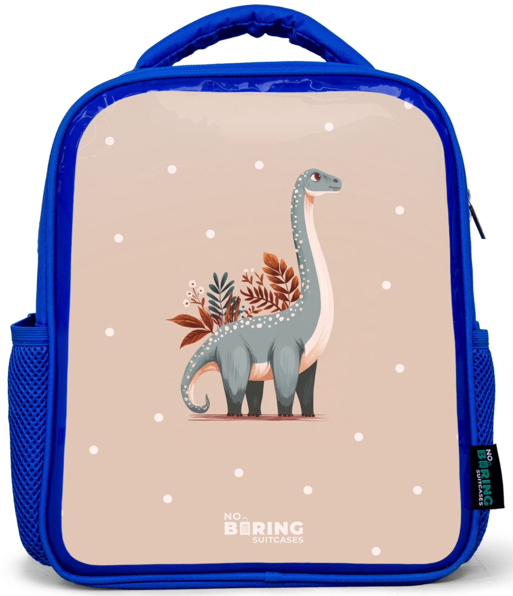 Rucksack Blau - Blauer Dinosaurier auf beigefarbenem Tupfenhintergrund