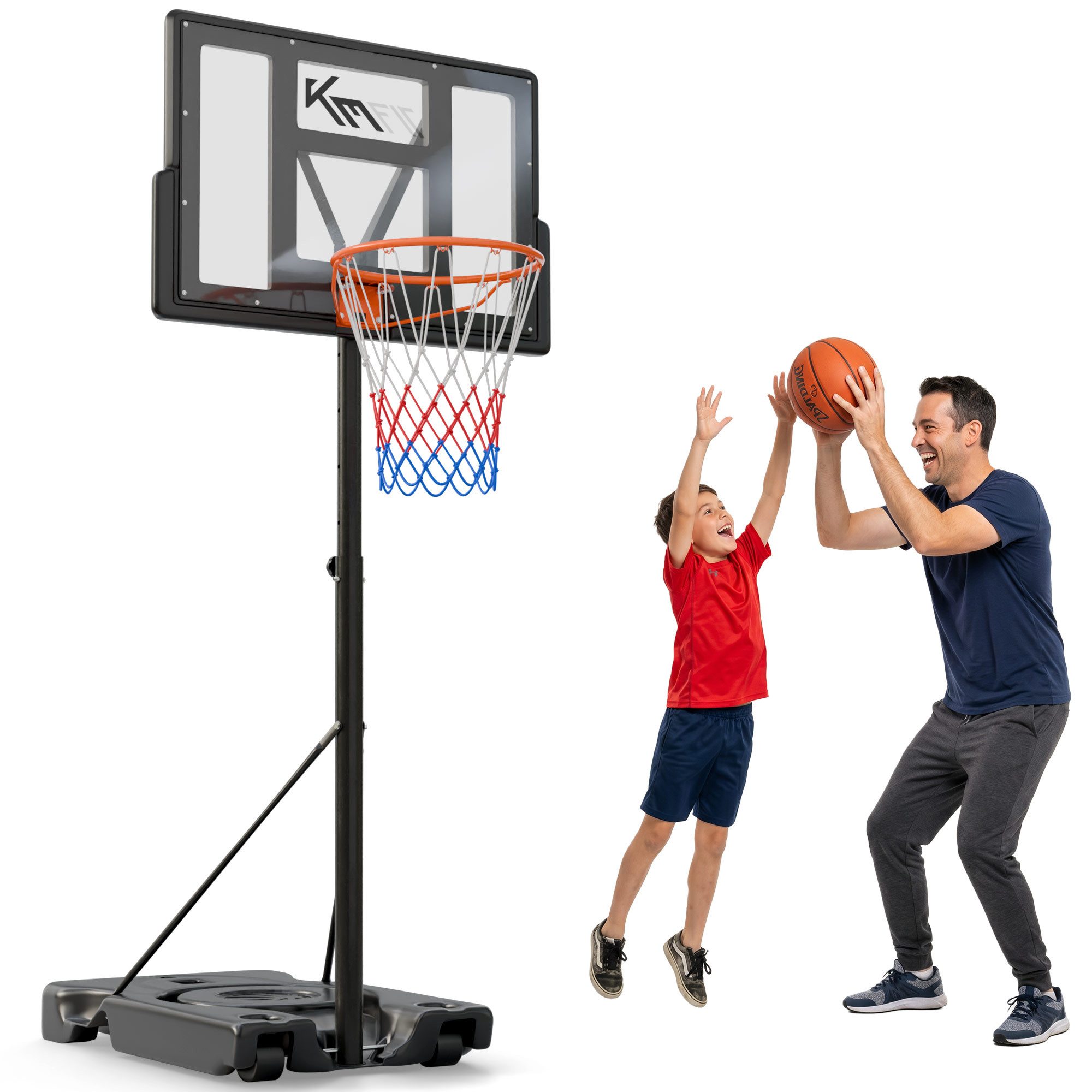 KM - Fit Basketballkorb Basketballständer höhenverstellbar mobil mit Rollen 135-305 cm (Basketballständer 135-305 cm), stabiler Standfuß, wetterfest und ideal für Outdoor-Nutzung