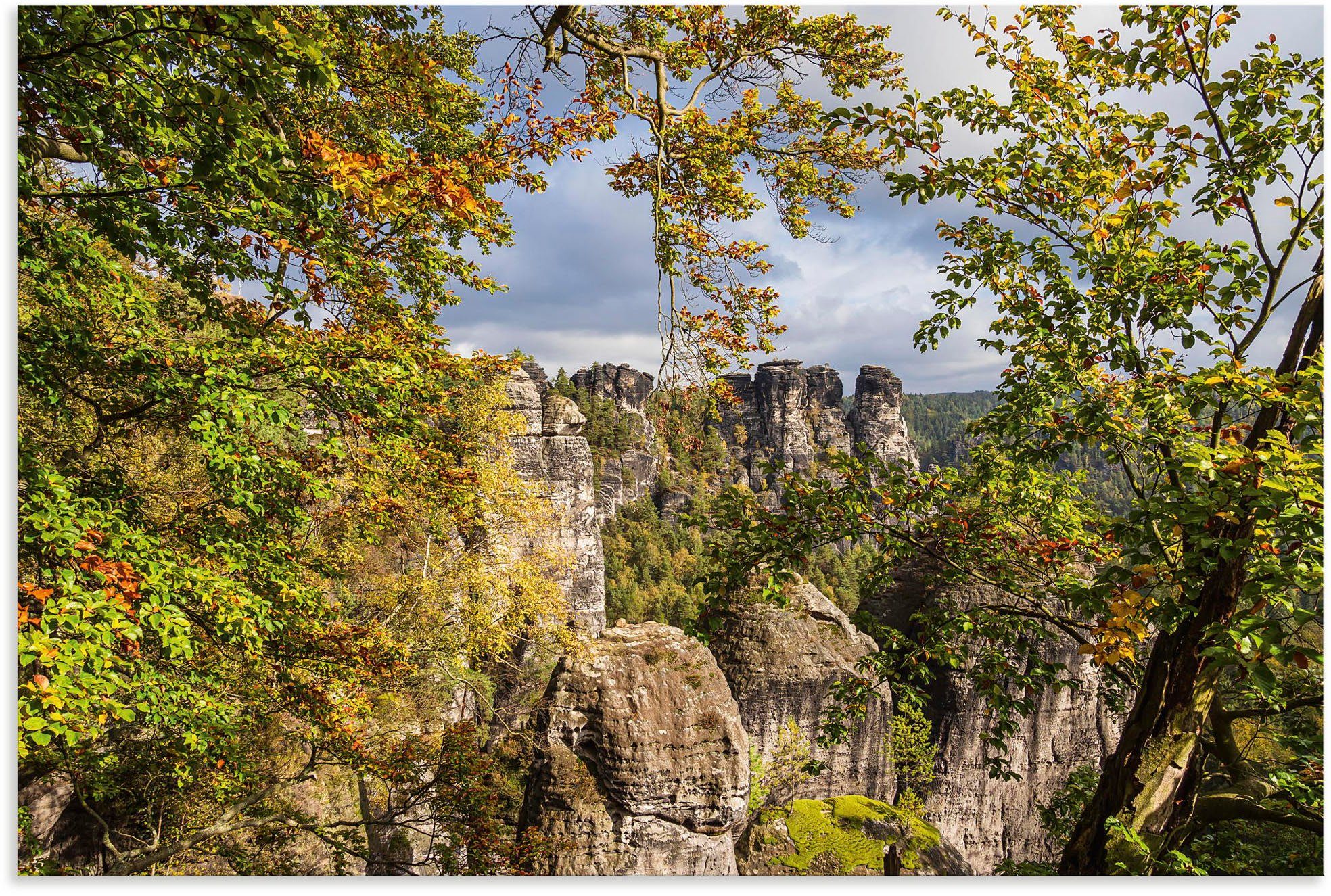 Artland Wandbild Felsen Bäume in der Sächsische Schweiz, Berge & Alpenbilder (1 St), als Alubild, Leinwandbild, Wandaufkleber oder Poster in versch. Größen grün