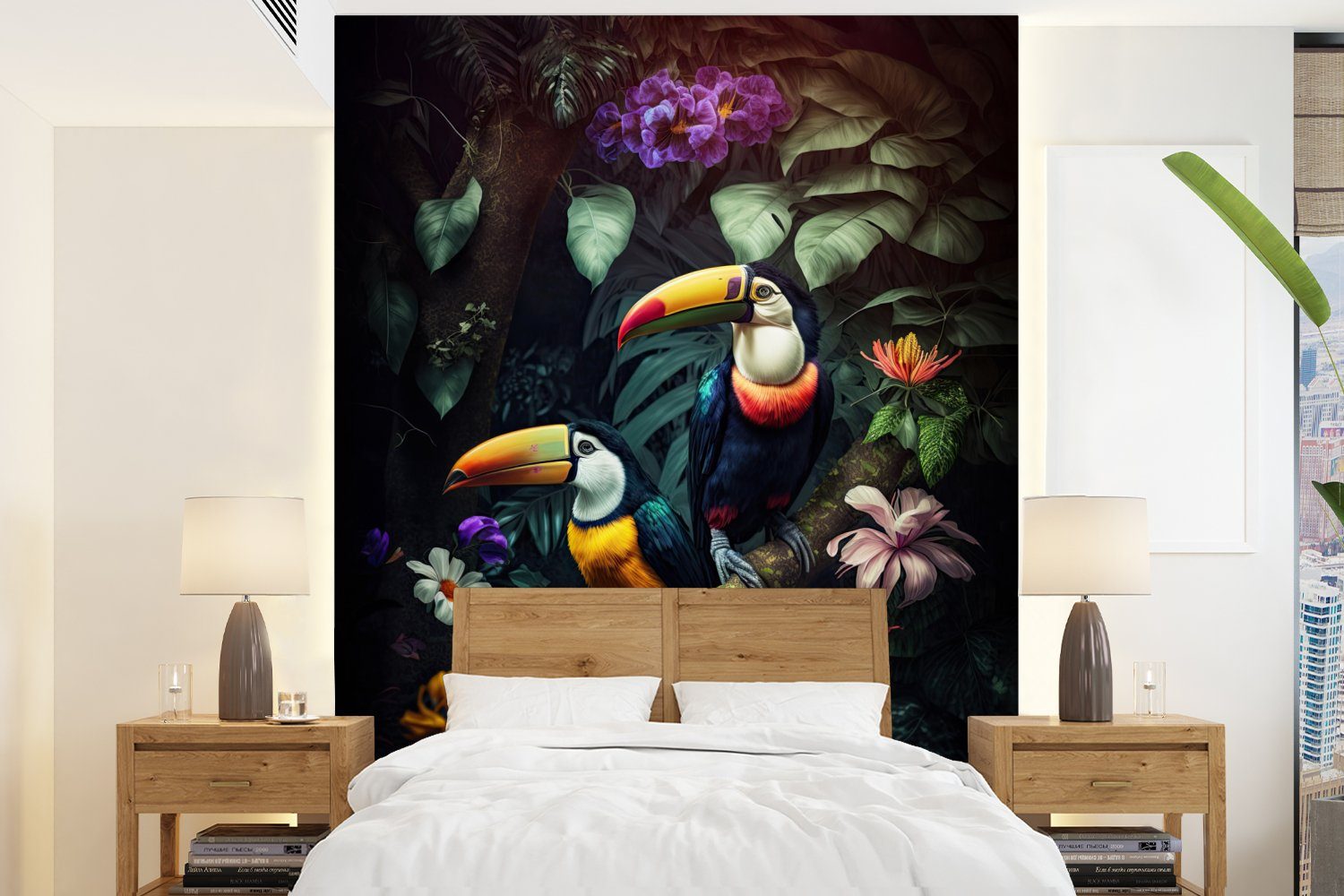 MuchoWow Fototapete Tukan - Blumen - Dschungel - Vögel, Matt, bedruckt, (4 St), Montagefertig Vinyl Tapete für Wohnzimmer, Wandtapete