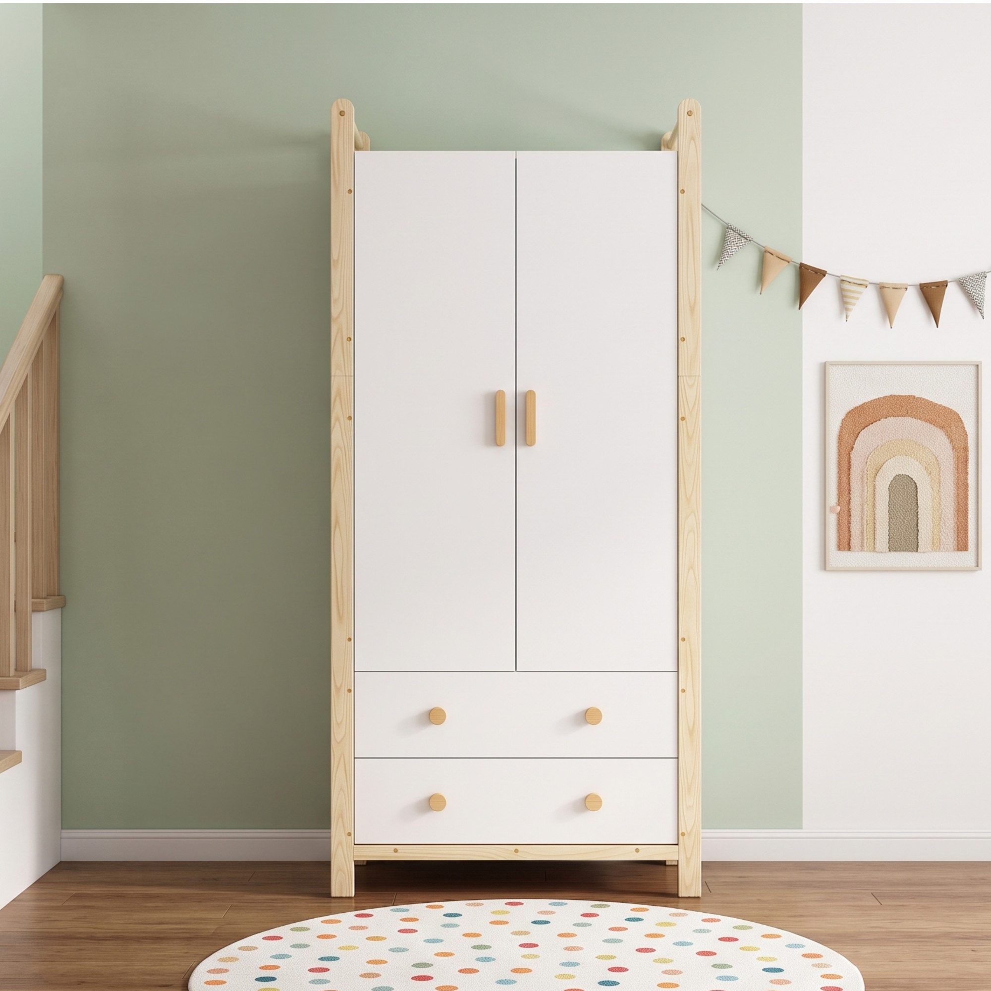Ulife Kleiderschrank 90×45×180 cm, 2-türiger, mit Kleiderstange, 2 Schubladen (2-St) Flurgarderobe geeignet, aus Spanplatte, weißer Körper + Kieferrahmen