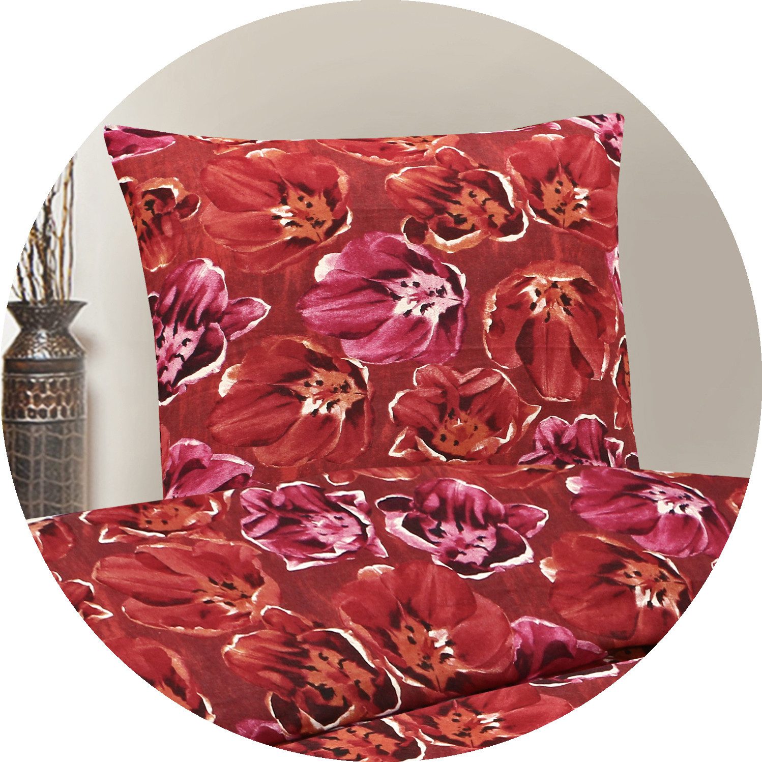 JACK Bettwäsche 135x200cm Blume Rot Pink, Biber, 2 teilig, tolles dezent Blumendesign mit Reißverschluss – Bild 4 von 5