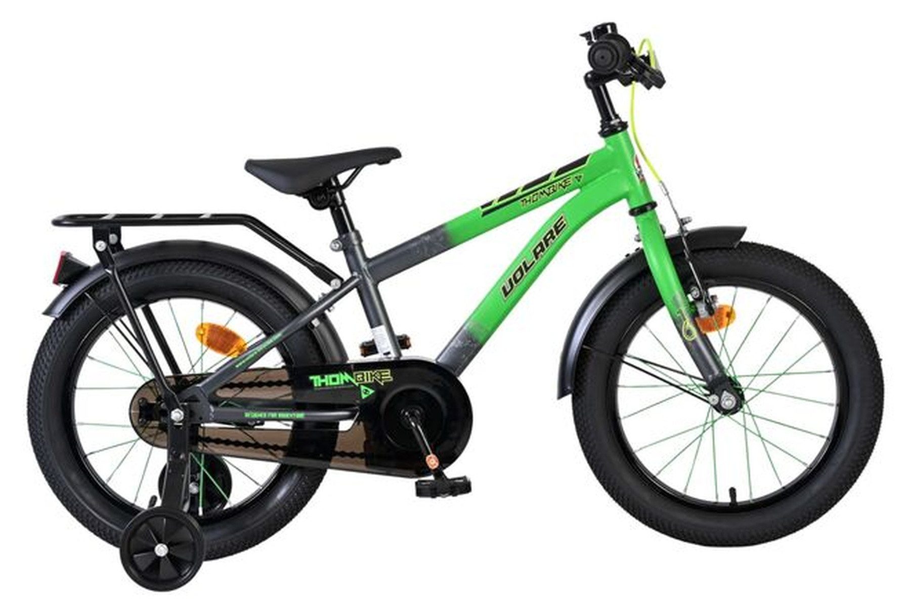 Volare Kinderfahrrad Thombike für Jungen 16 Zoll Grün-Grau mit höhenverstellbarem Sattel, Geschlossener Kettenschutz, abnehmbare Stützräder, Luftreifen