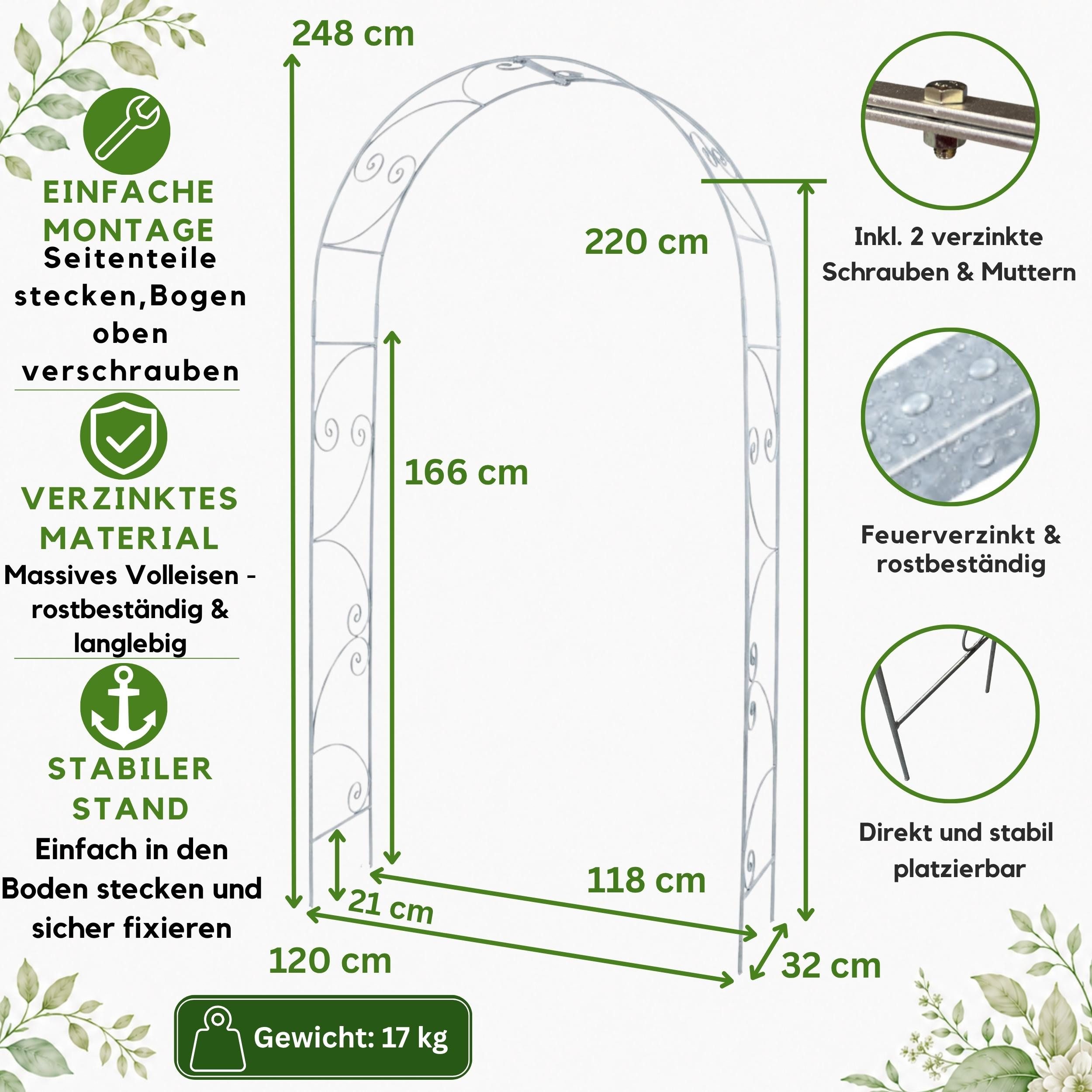 DanDiBo Rosenbogen Verzinkt Metall Massiv 120 cm Torbogen 96518 Wetterfest Rundbogen, verzinkt