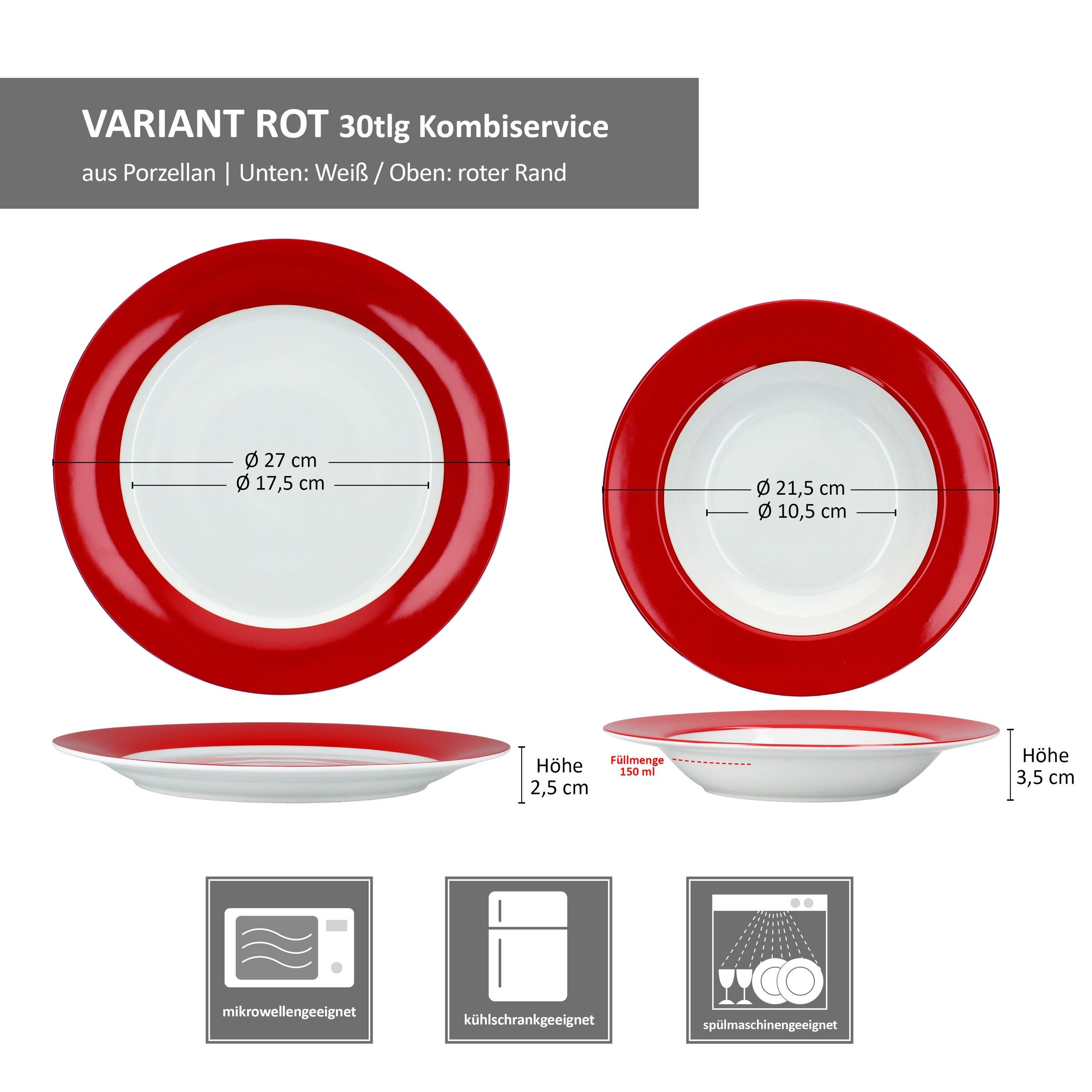 MamboCat Kombiservice 30tlg Kombiservice Variant Rot Porzellan 6 Personen, Porzellan