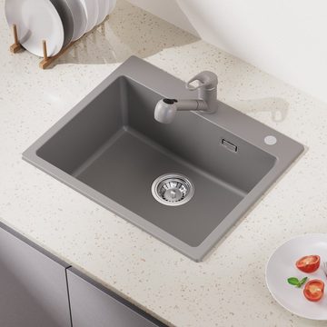 Auralum Granitspüle Küchenspüle Granit Siphon Einbauspüle Spülbecken Küche Spüle 55x45cm, mit Hahnloch, mit Ablaufgarnitur