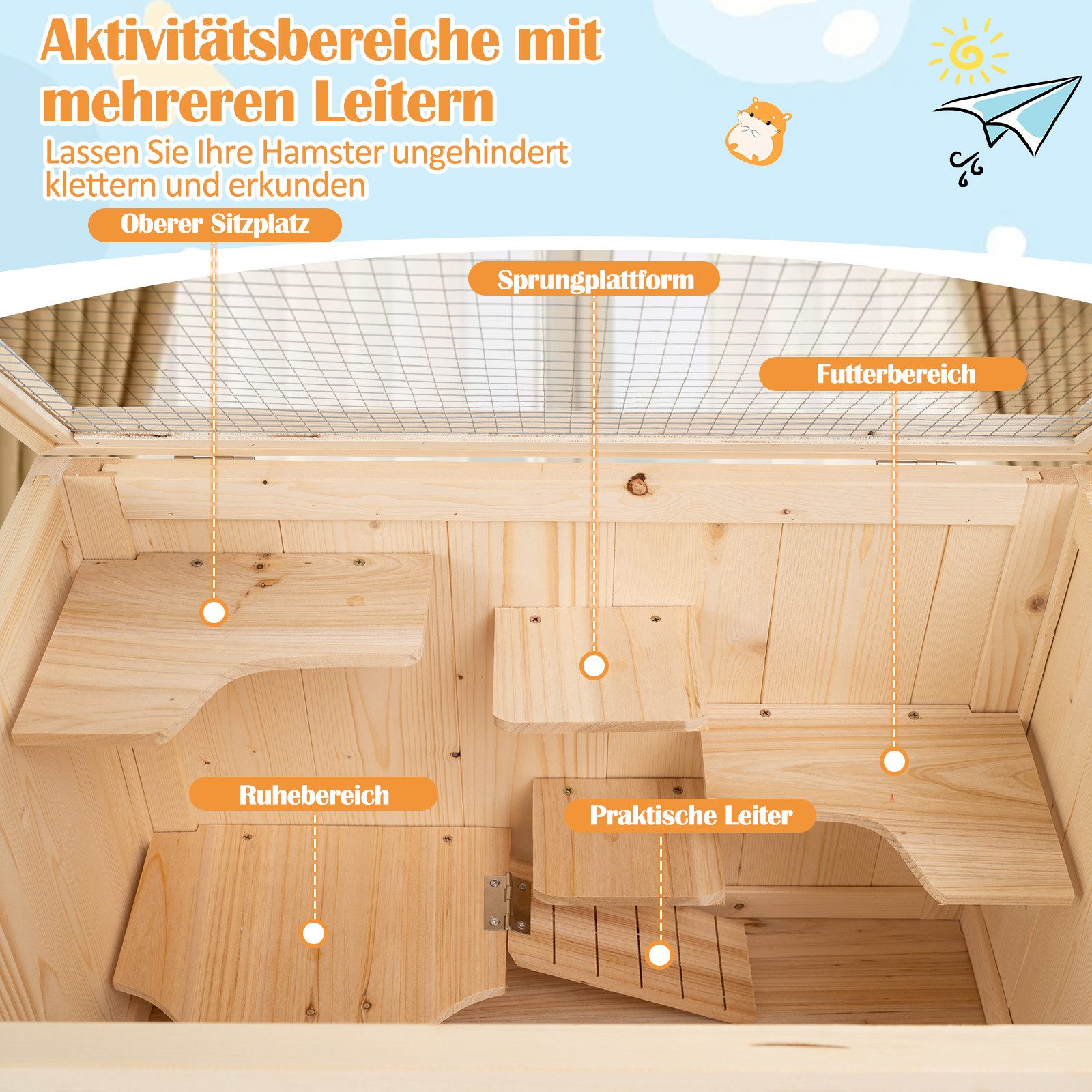 COSTWAY Kleintierkäfig, Hamsterkäfig, Holzkäfig für Kleintiere, 60 x 40 x 80 cm