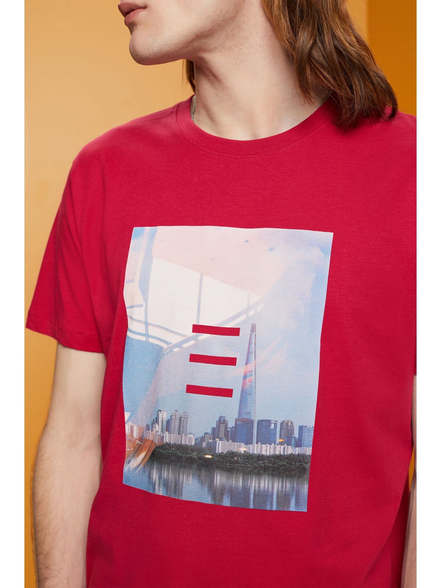 Esprit T-Shirt Print mit DARK Baumwoll-T-Shirt (1-tlg) PINK