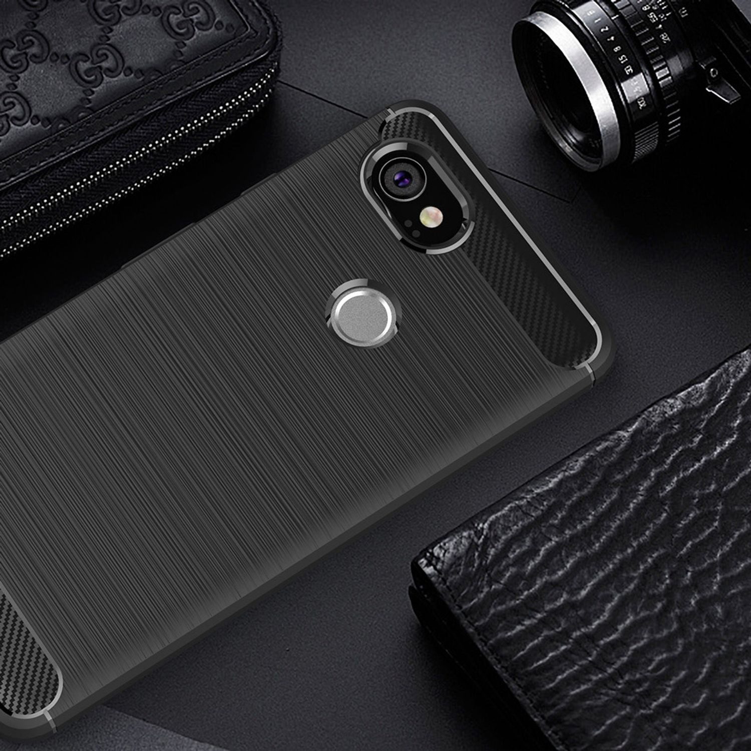 Nalia Smartphone-Hülle Google Pixel 2 XL 15,2 cm (6 Zoll), Carbon Look Silikon Hülle / Matt Schwarz / Rutschfest / Karbon Optik