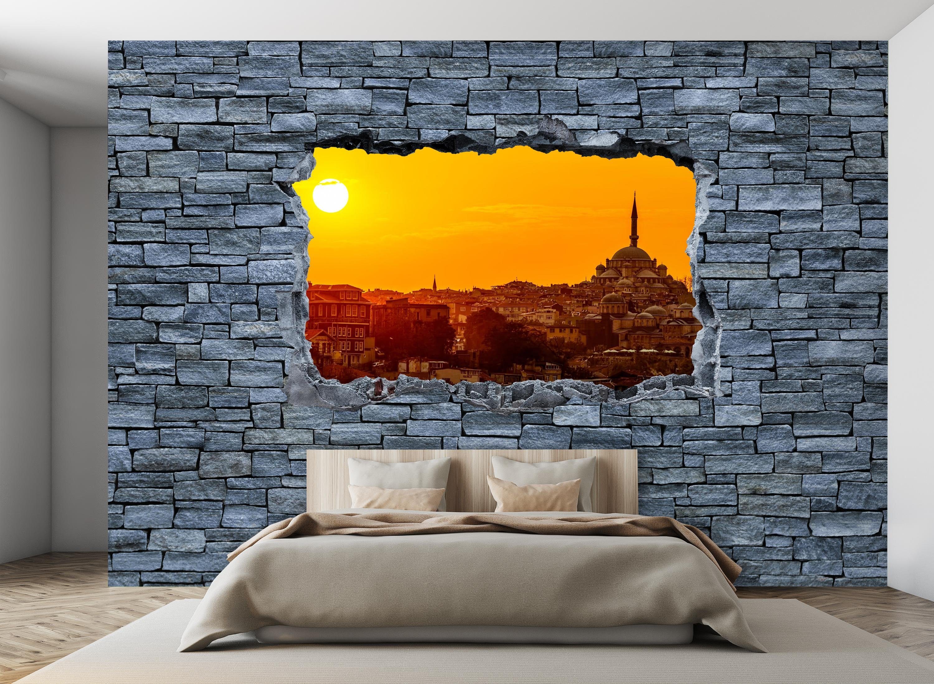 grobe Sonnenuntergang Fototapete Wandtapete, - Motivtapete, Istanbul wandmotiv24 matt, 3D Vliestapete glatt, Steinmauer,