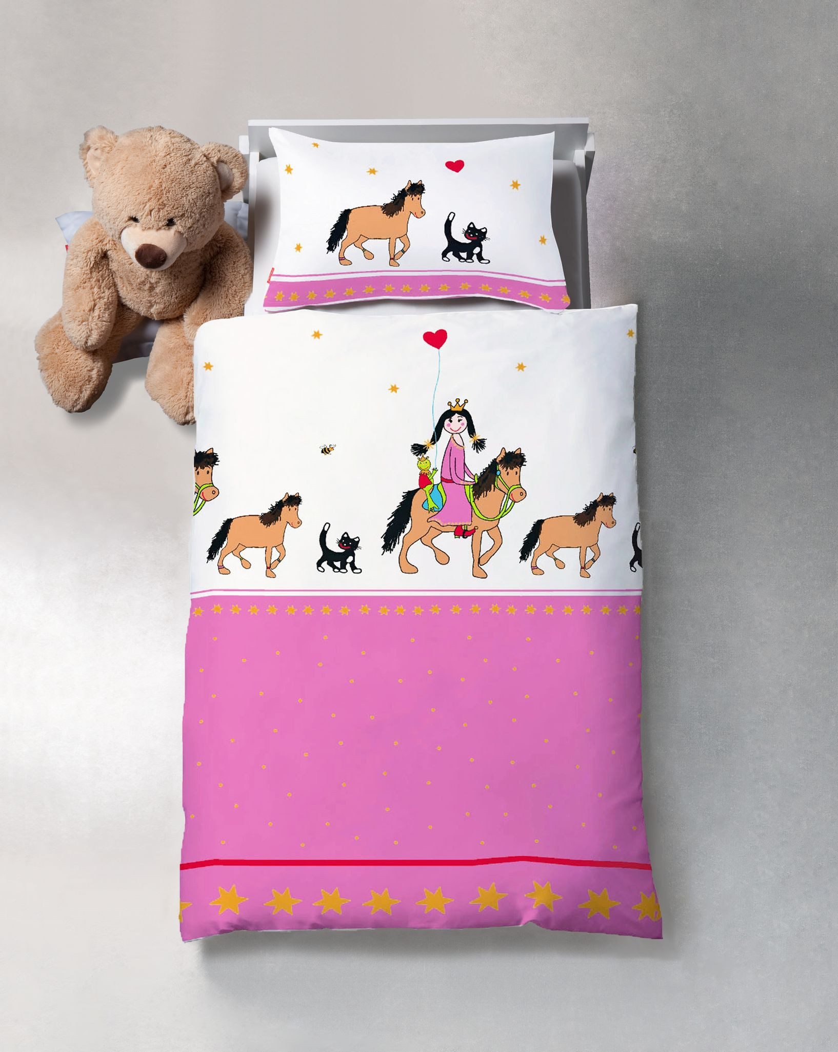 JACK Babybettwäsche 100x135cm Prinzessin Pferd Pink Weiß Fleuresse, Renforcé, 2 teilig, süßes Kindermotiv mit Märchenprinzessin