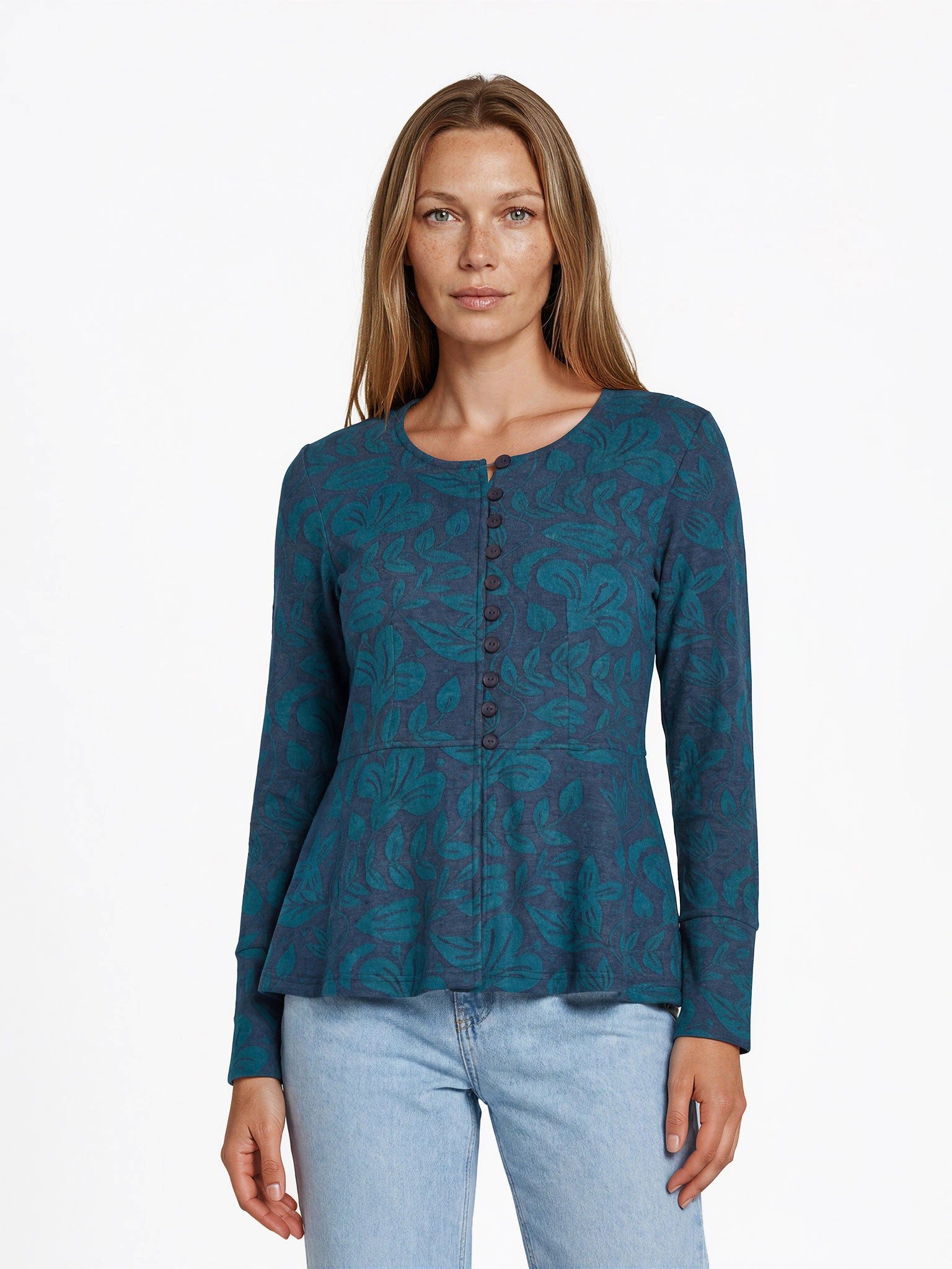 Himalaya Clothing Wolljacke Damen Bio-Baumwolle floral Modern Fit Langarm casual GOTS-zertifiziert, taillierte Teilung und schwingender Saum