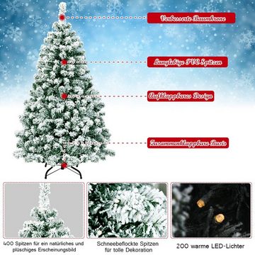 COSTWAY Künstlicher Weihnachtsbaum, 400 Zweigspitzen mit Schnee, 200 LEDs