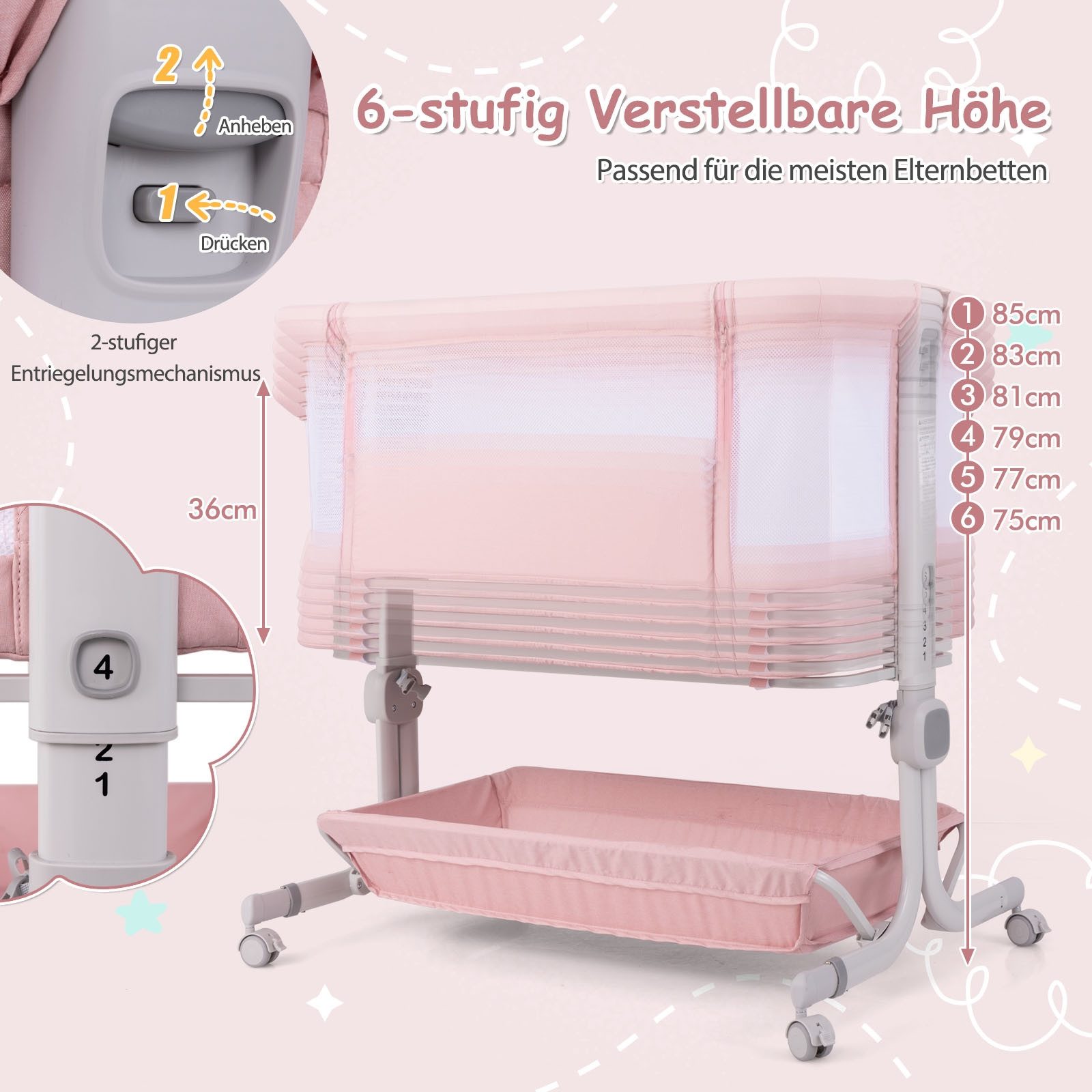 COSTWAY Beistellbett, 1-tlg., Reisebett, Babybett, 6 Fach höhenverstellbar günstig online kaufen