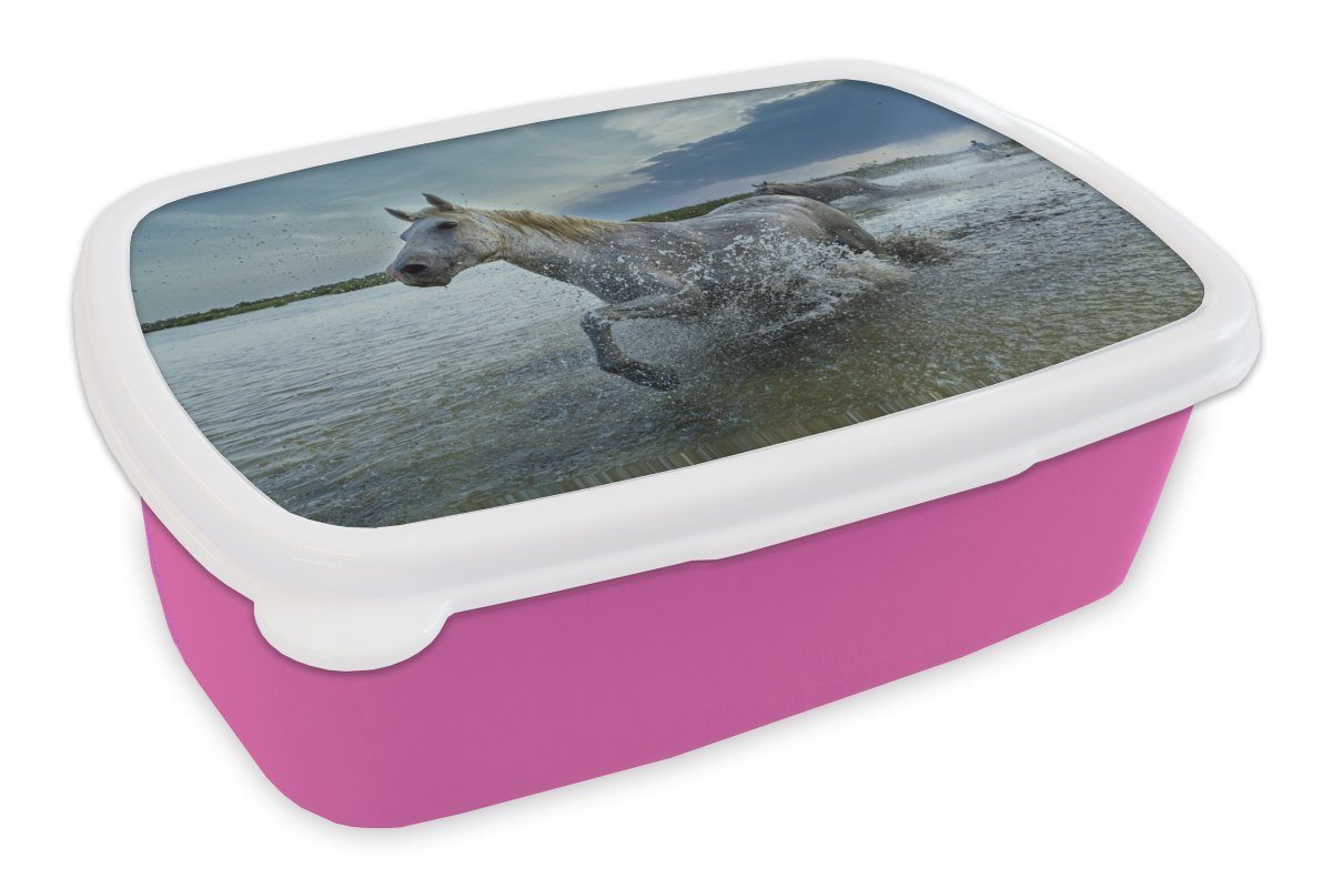 MuchoWow Lunchbox Pferd - Weiß Kunststoff Brotdose rosa für Wasser, Brotbox Kinder, Erwachsene, (2-tlg), Mädchen, Kunststoff, Snackbox, 