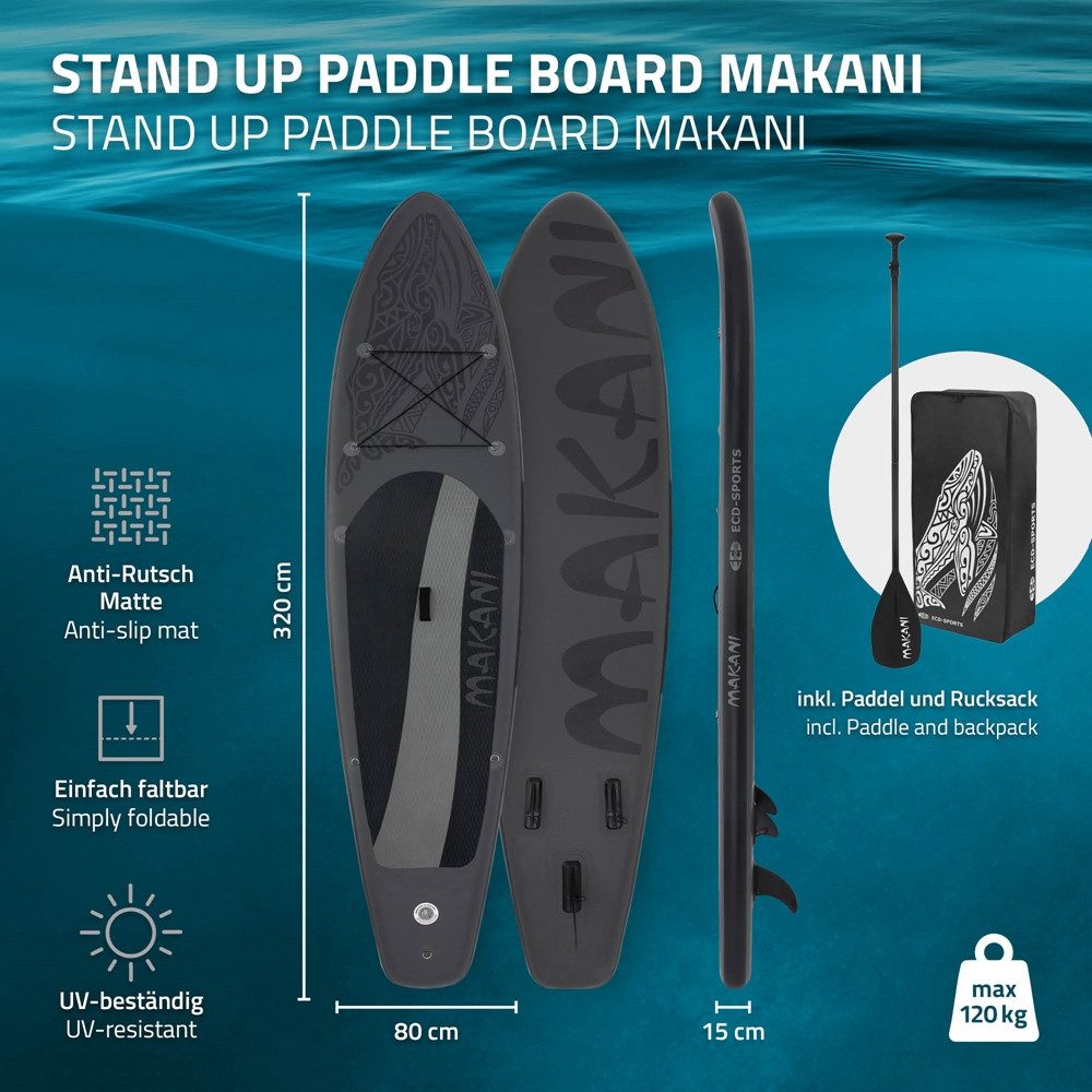 ECD Germany SUP-Board Stand Up Paddle Board aus PVC Paddelboard Paddling Board, Stand-Up Paddle-Board, SUP Board 320x80x15 cm 120 kg Traglast rutschfest schwarz inkl Zubehör