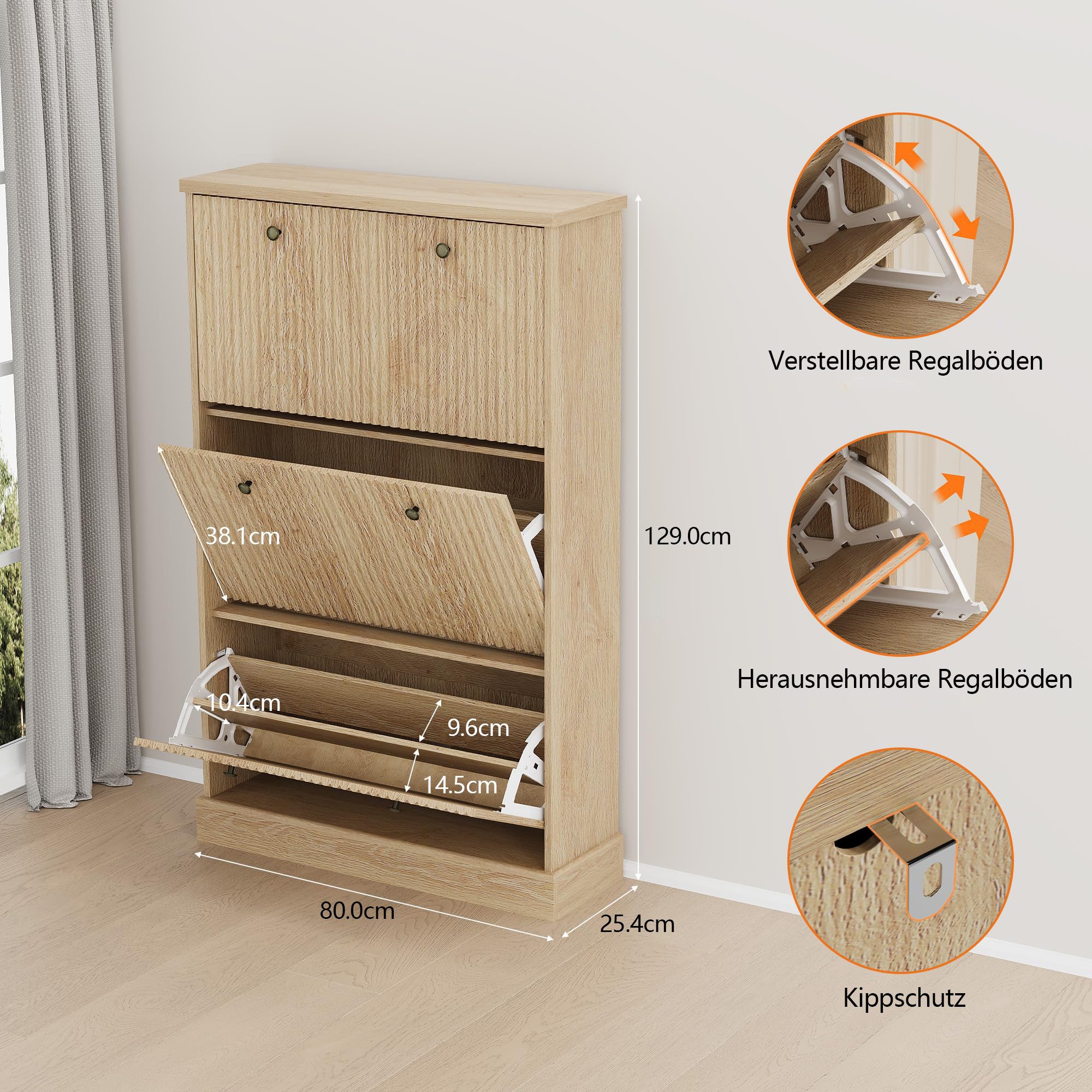 GarveeMore Schuhschrank Moderner Rillenprofil mit 3 Klappschubladen verstellbare Einlegeböden (1-St) (B80/T25/H129 cm) Schuhregal für 18–24 Paar Schuhe, für Flur und Diele