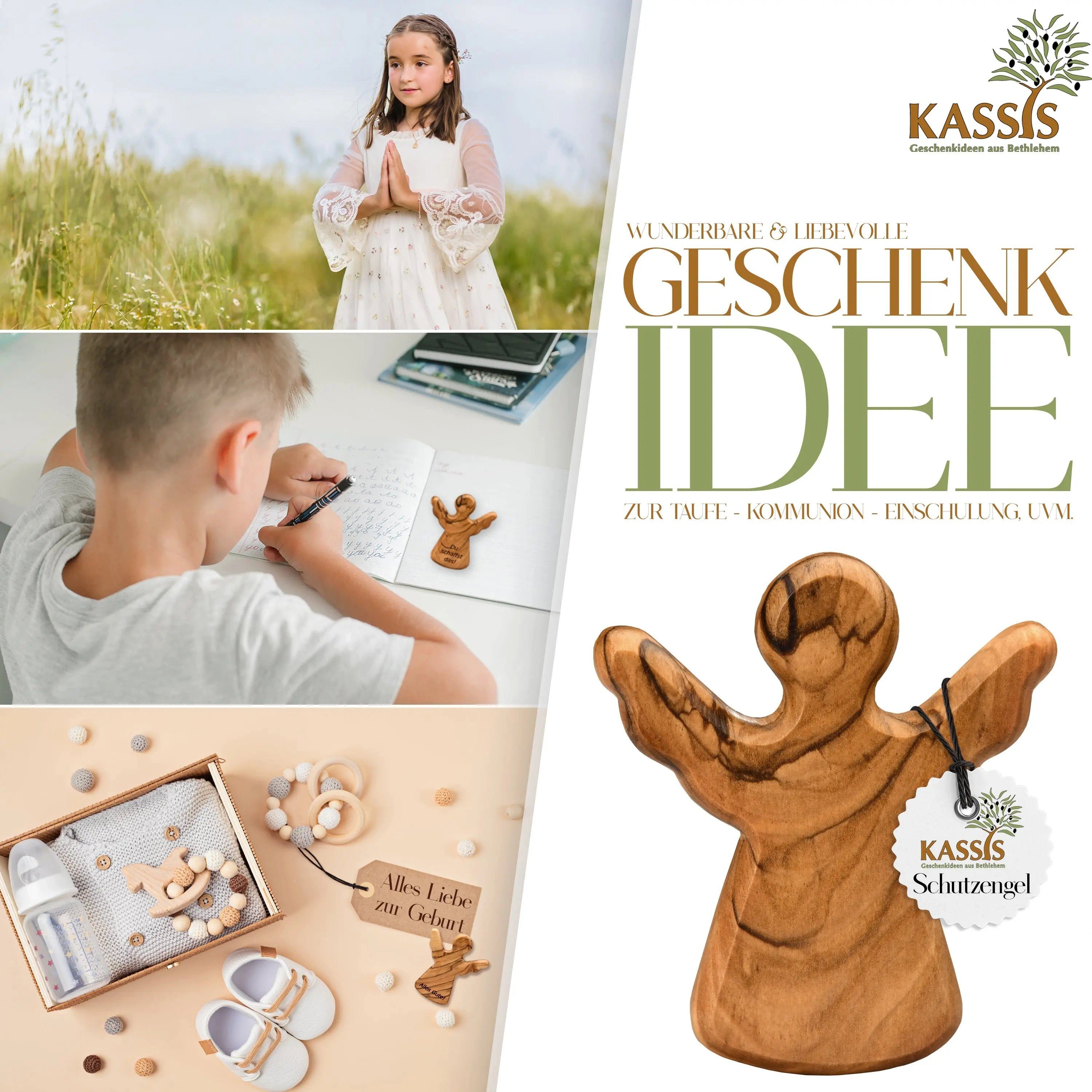 Kassis als Olivenholz, Naturprodukt, Engelfigur handgemacht, Schutzengel umweltfreundlich, Handschmeichler Bethlehem, aus Glücksbringer aus