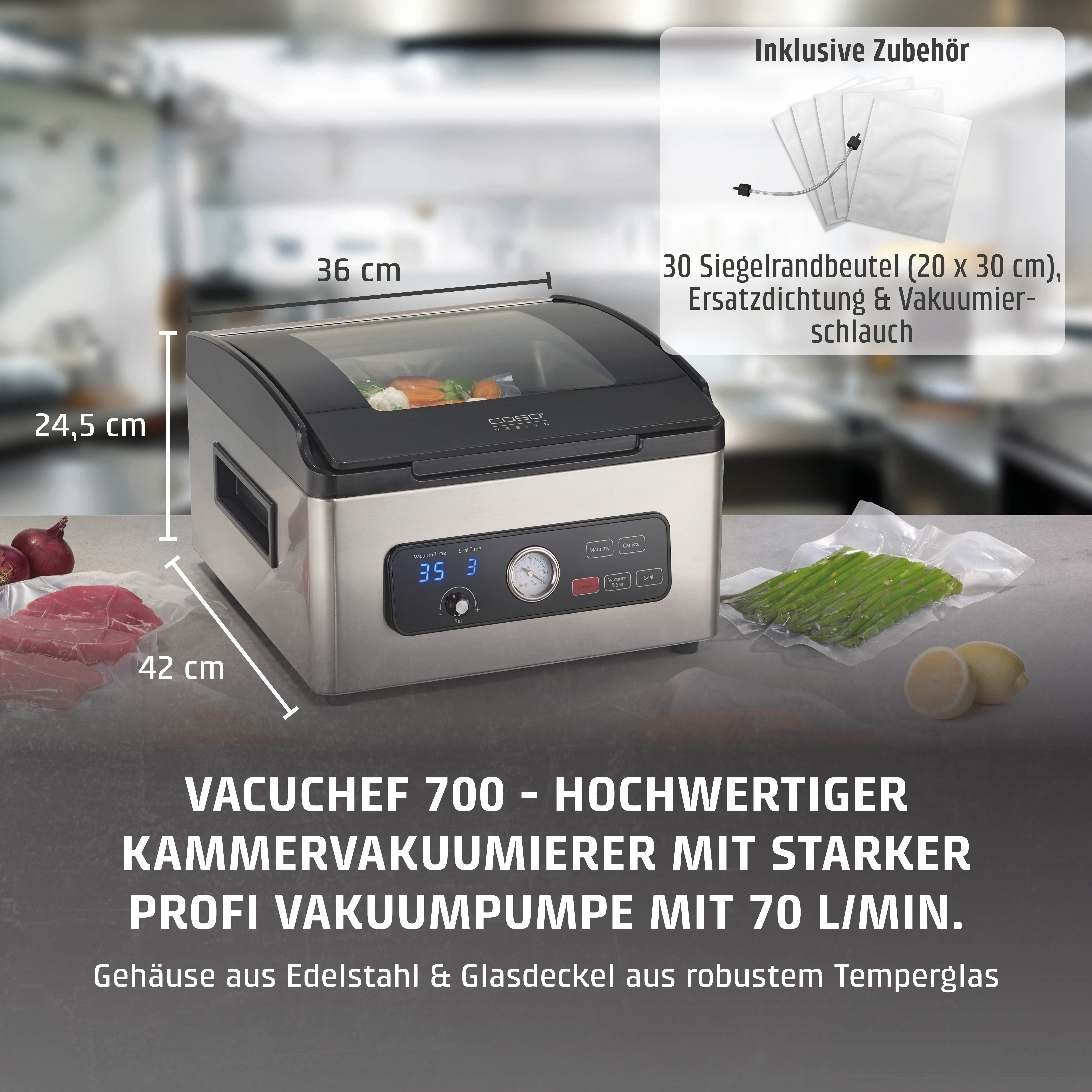Caso Vakuumierer VacuChef 700, Rollenbreite 29 cm, 320W, 30 Siegelrandbeutel 20 x 30 cm