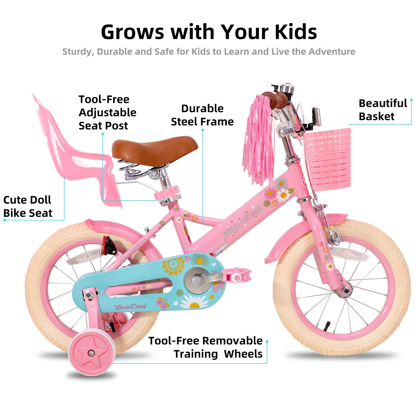 JOYSTAR Kinderfahrrad 12, 14, 16 Zoll Mädchenfahrrad, 3 - 8 Jahre,Geschenk für Prinzessin, 1 Gang, Mit Hilfsrädern, farbigen Bändern, Korb, Reflektor, Kettenabdeckung