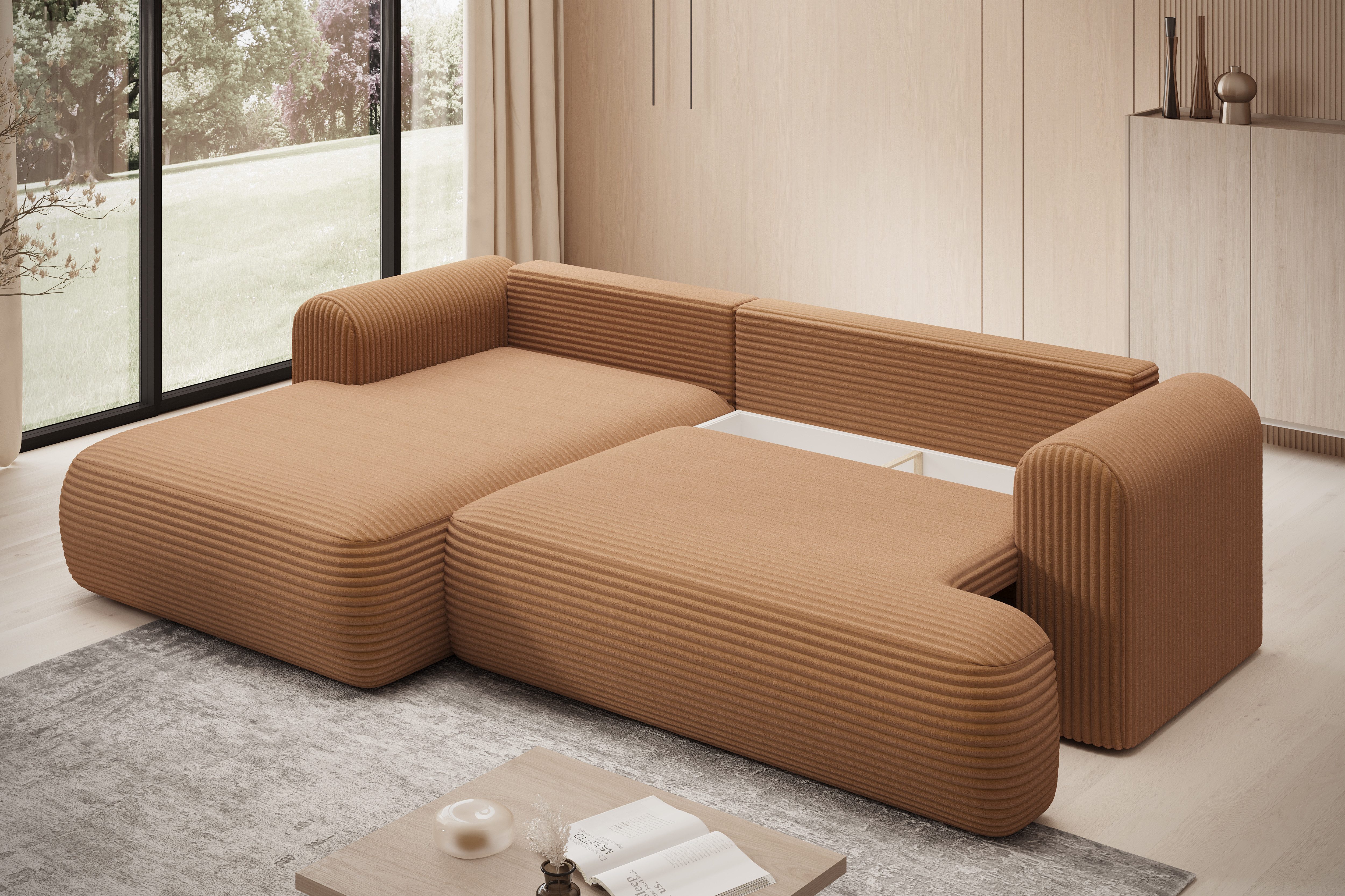 thematys Ecksofa mit Schlaffunktion und Bettkasten, L-Form, Cord und Bouclé + 2 Kissen, 260 x 165cm - Luxus Couch mit Bettfunktion mit Bonnellfedern