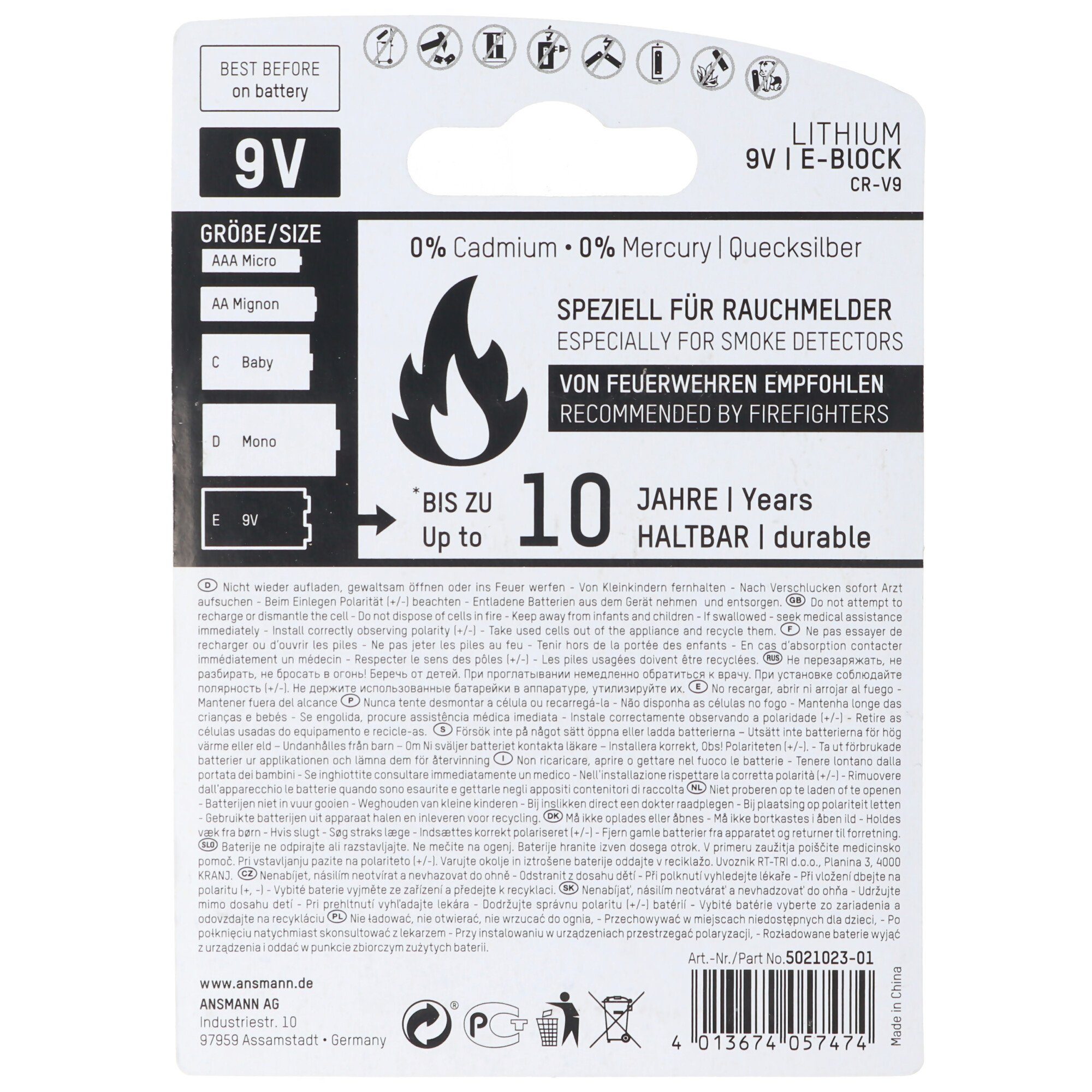 (9,0 Batterie E-Block für speziell Rauchwarnmel Rauchmelder für Batterie, ANSMANN® 9V Lithium V)