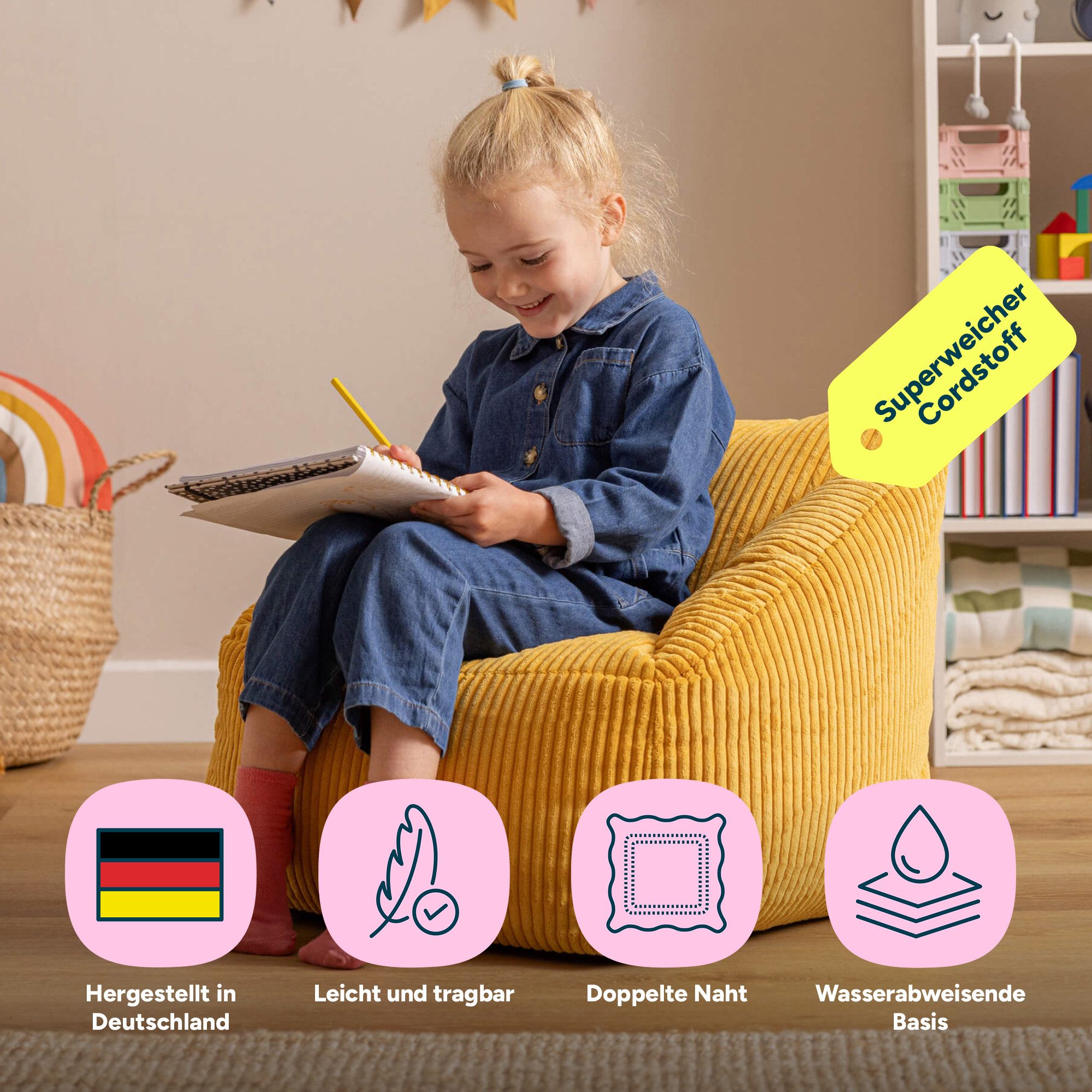 icon Sitzsack Kinder aus Cord Flauschig „Natalia“, 55x44cm, Made in Germany, für Kinderzimmer